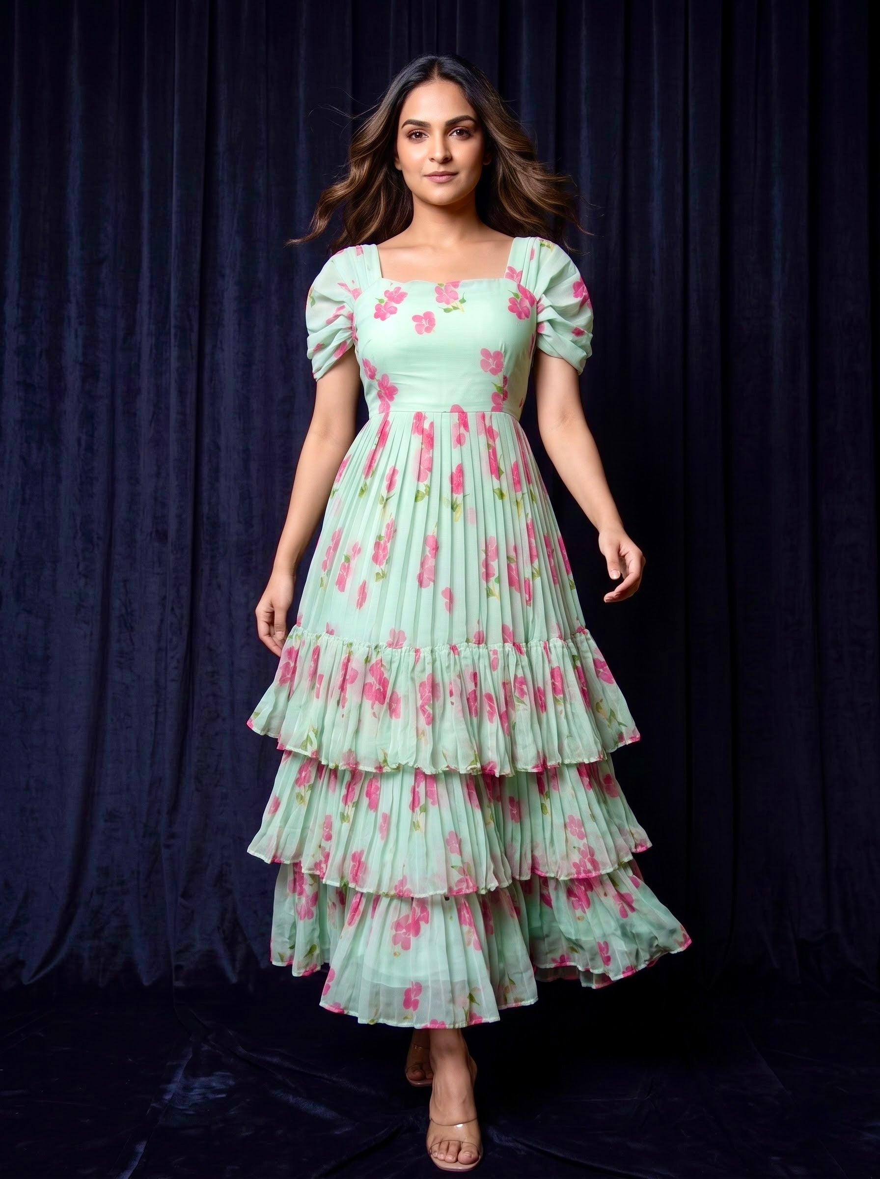 Pleated Three Layer Dress Vasanta - Mint Blossom