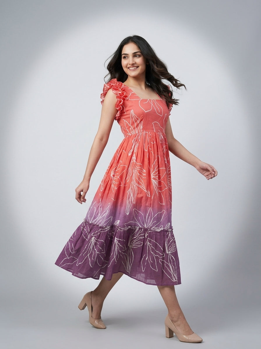 Tiered Midi Dress Rangini -  Ombré Orange and Purple