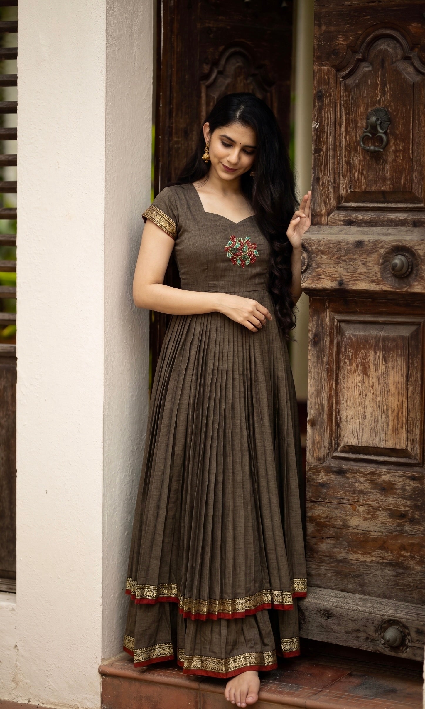 DOUBLE LAYER NARAYAN PET DRESS LAKSHMI-MUDRA BROWN