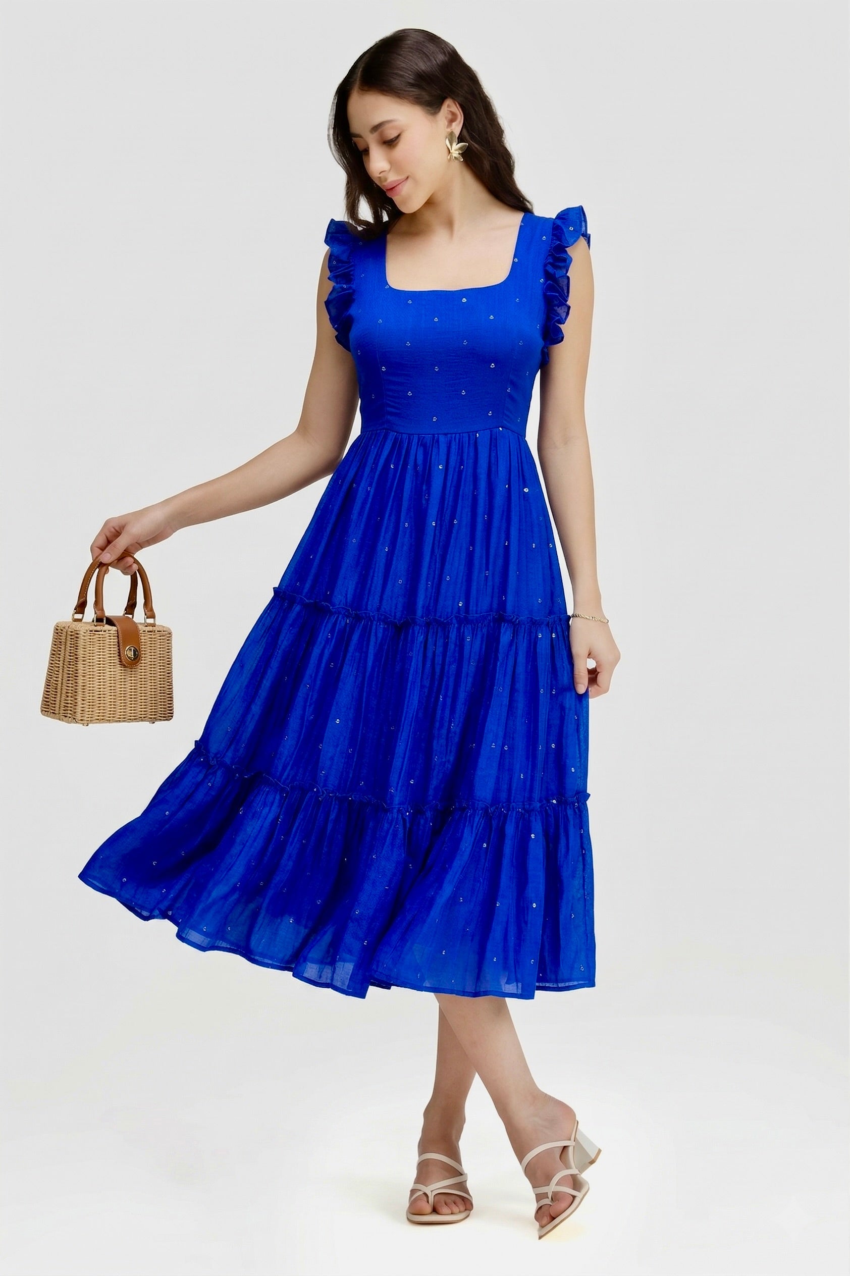 SEQUIN DETAILED TIERED MIDI DRESS ZIVA - ROYAL BLUE