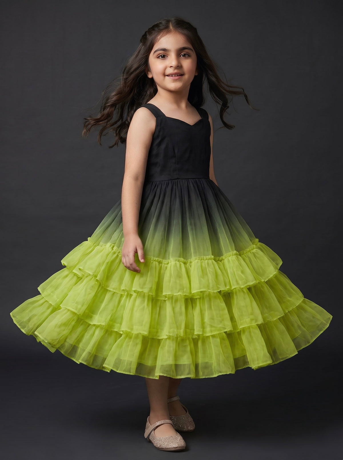 Three Layer Mini Midi Dress Vasanta -  Ombré Black and Lime