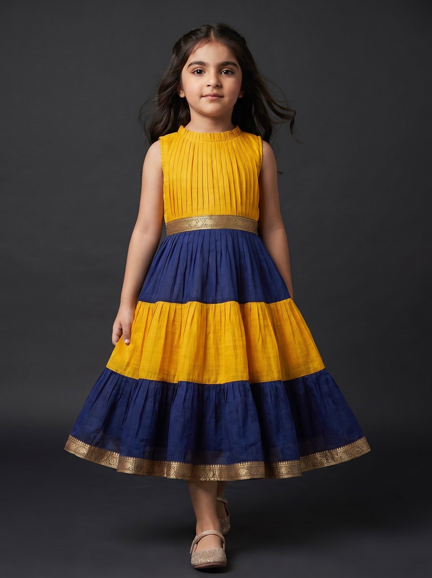 PLEATED ZARI TIER DRESS MINI GAURI - SAFFRON NAVY