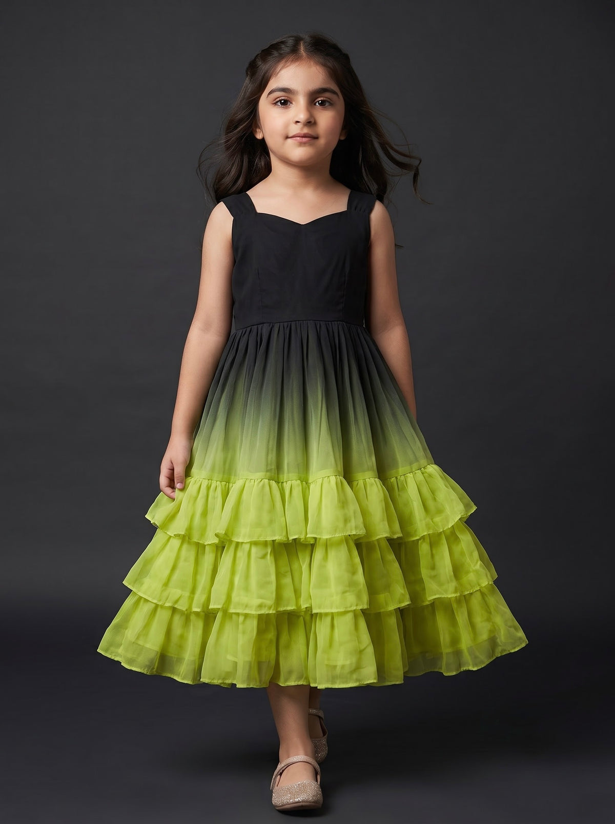 Three Layer Mini Midi Dress Vasanta -  Ombré Black and Lime