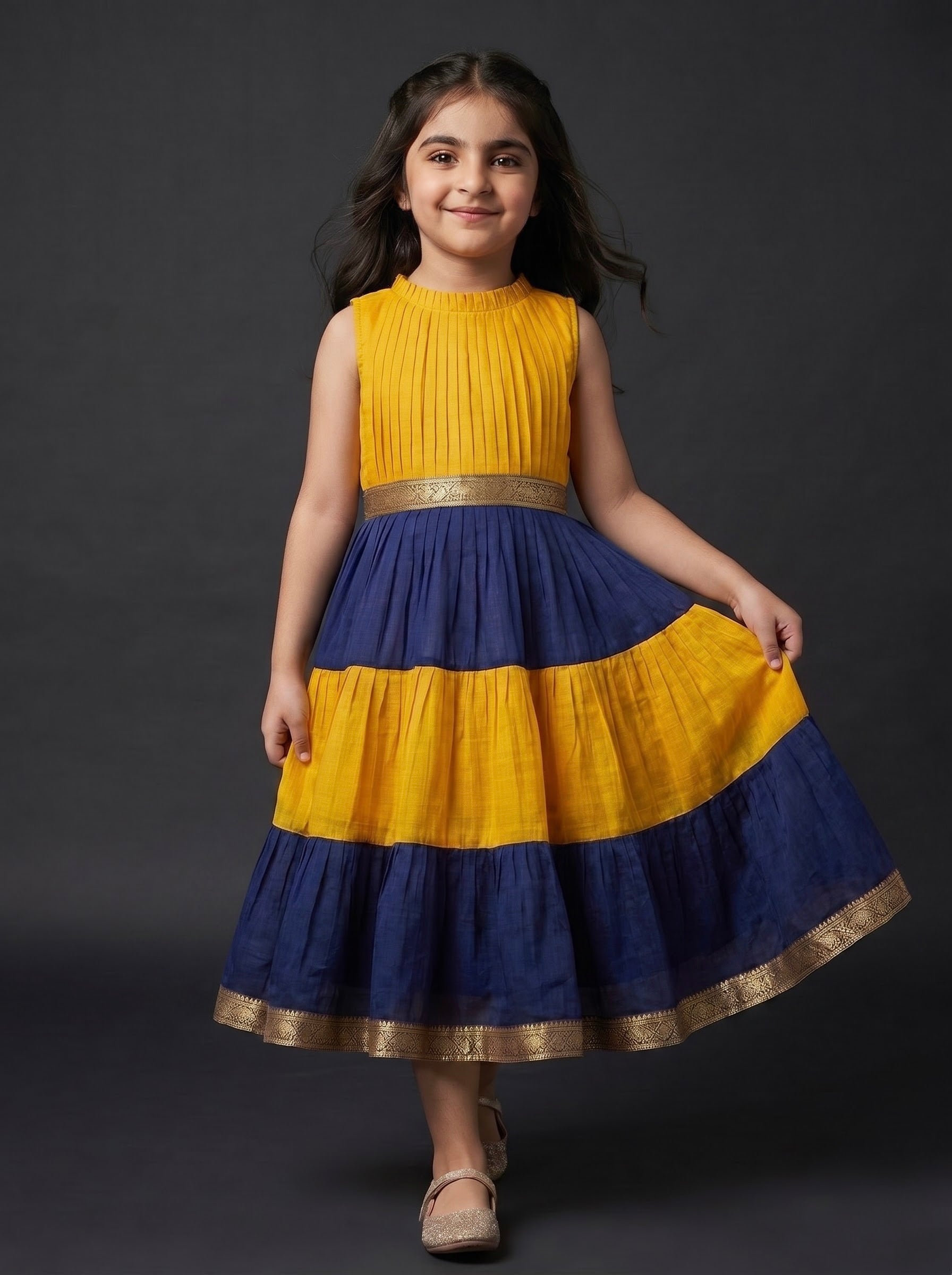 PLEATED ZARI TIER DRESS MINI GAURI - SAFFRON NAVY