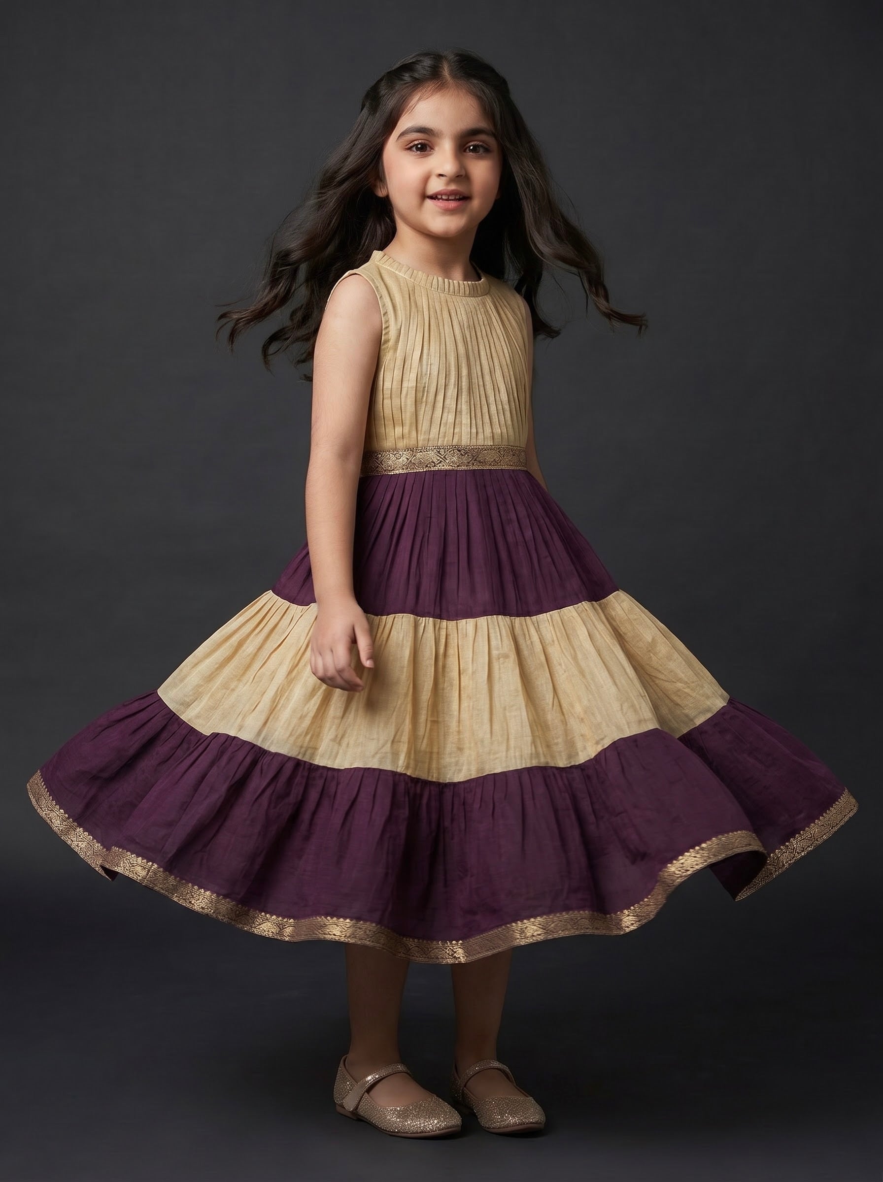 PLEATED ZARI TIER DRESS MINI GAURI - CHAMPAGNE PLUM