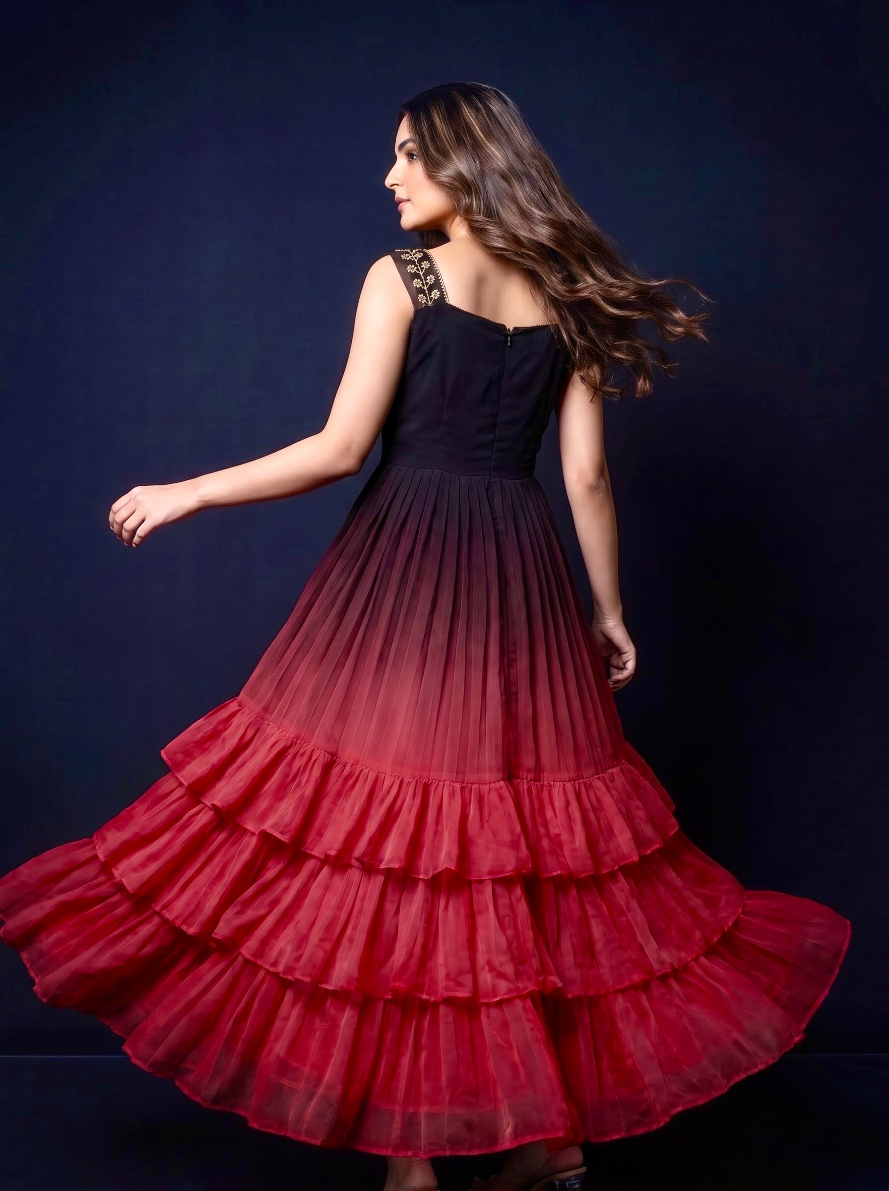 Three Layer Midi Dress Vasanta -  Ombré Black and Red