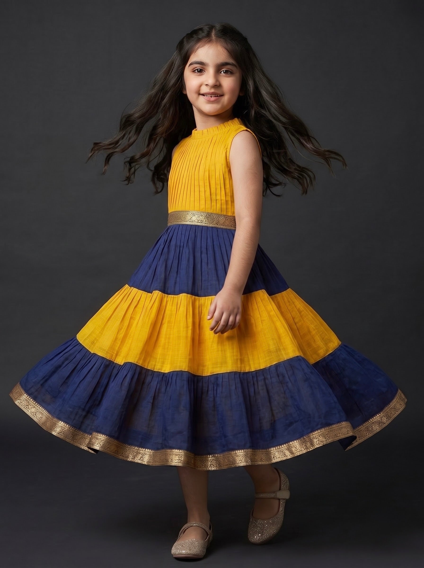 PLEATED ZARI TIER DRESS MINI GAURI - SAFFRON NAVY