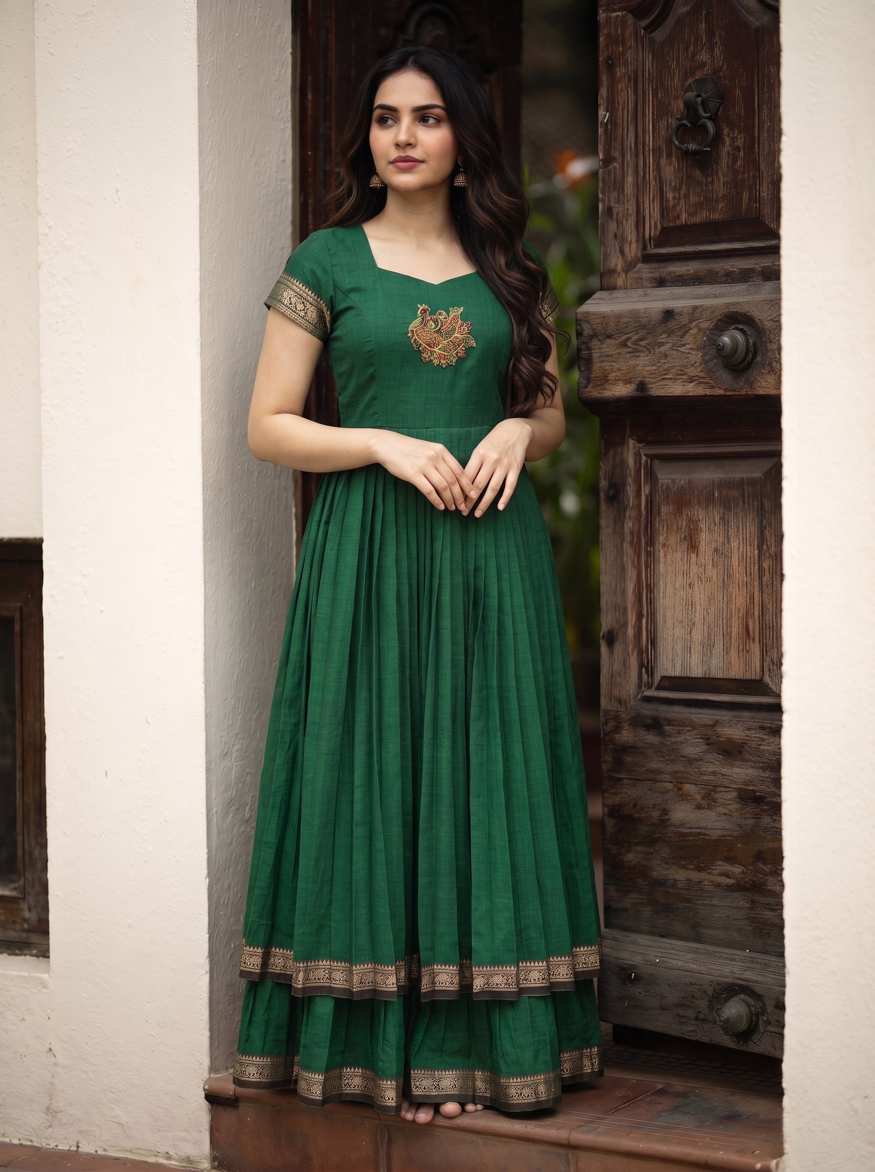 DOUBLE LAYER NARAYAN PET DRESS LAKSHMI - BOTTLE GREEN