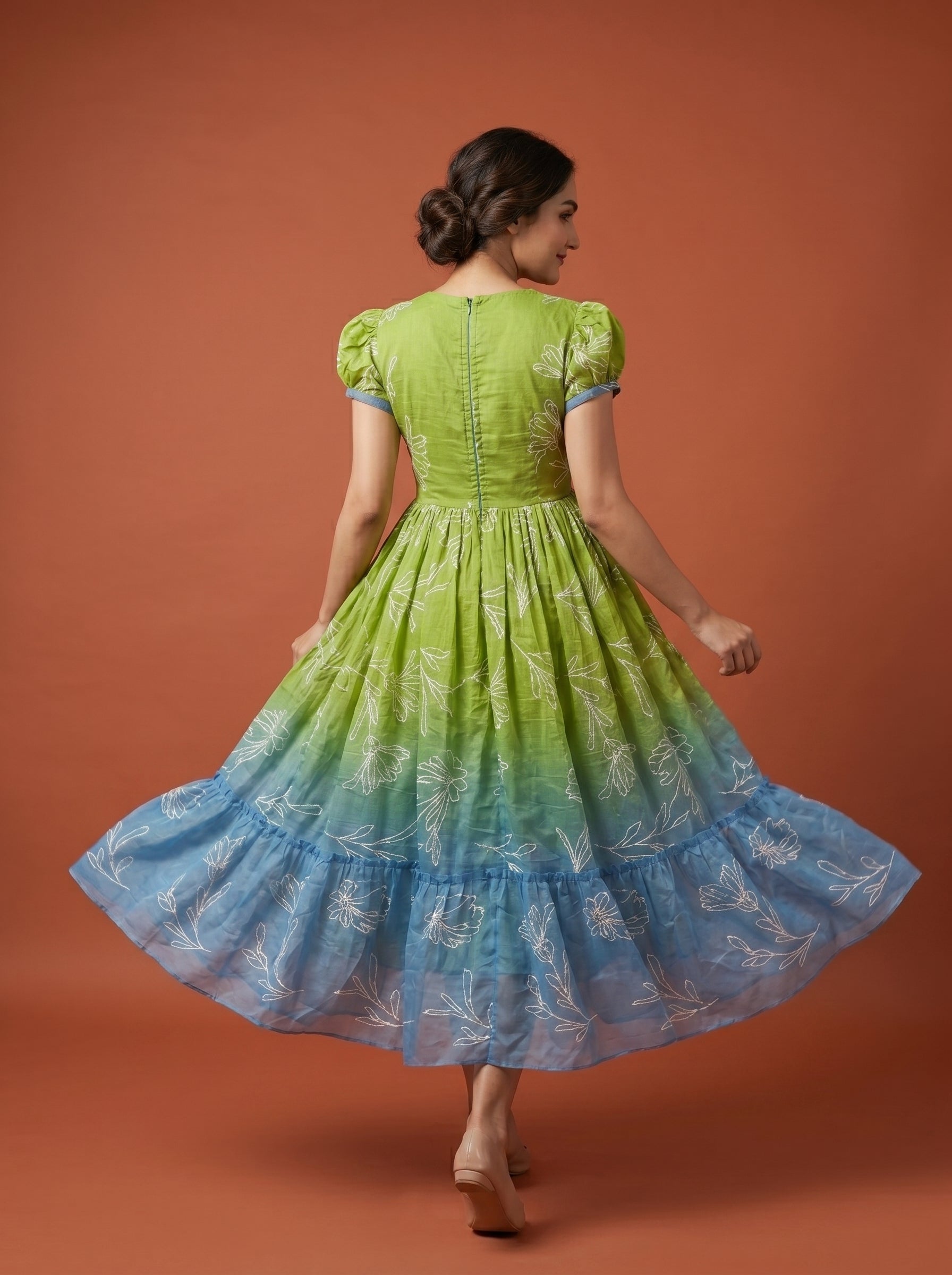 Tiered Midi Dress Rangini -  Ombré Green and Blue