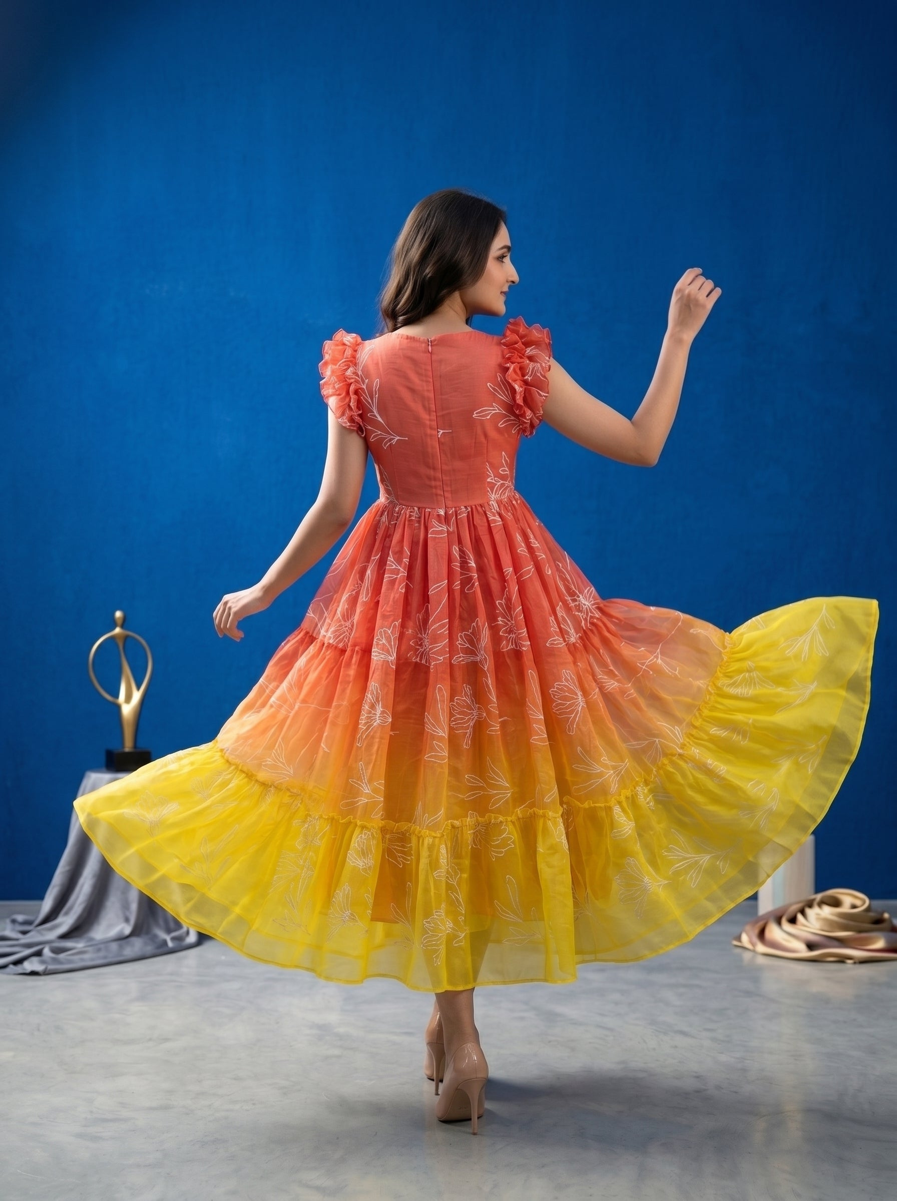 Tiered Midi Dress Rangini -  Ombré Yellow and Red