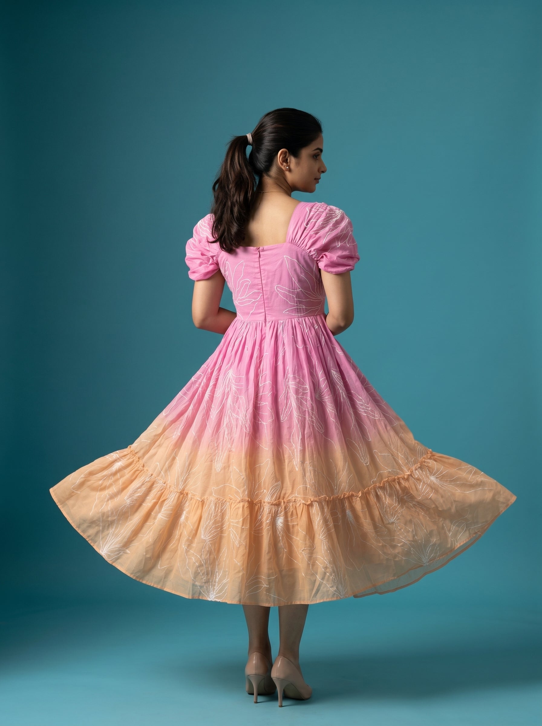 Tiered Midi Dress Rangini -  Ombré Pink and Orange