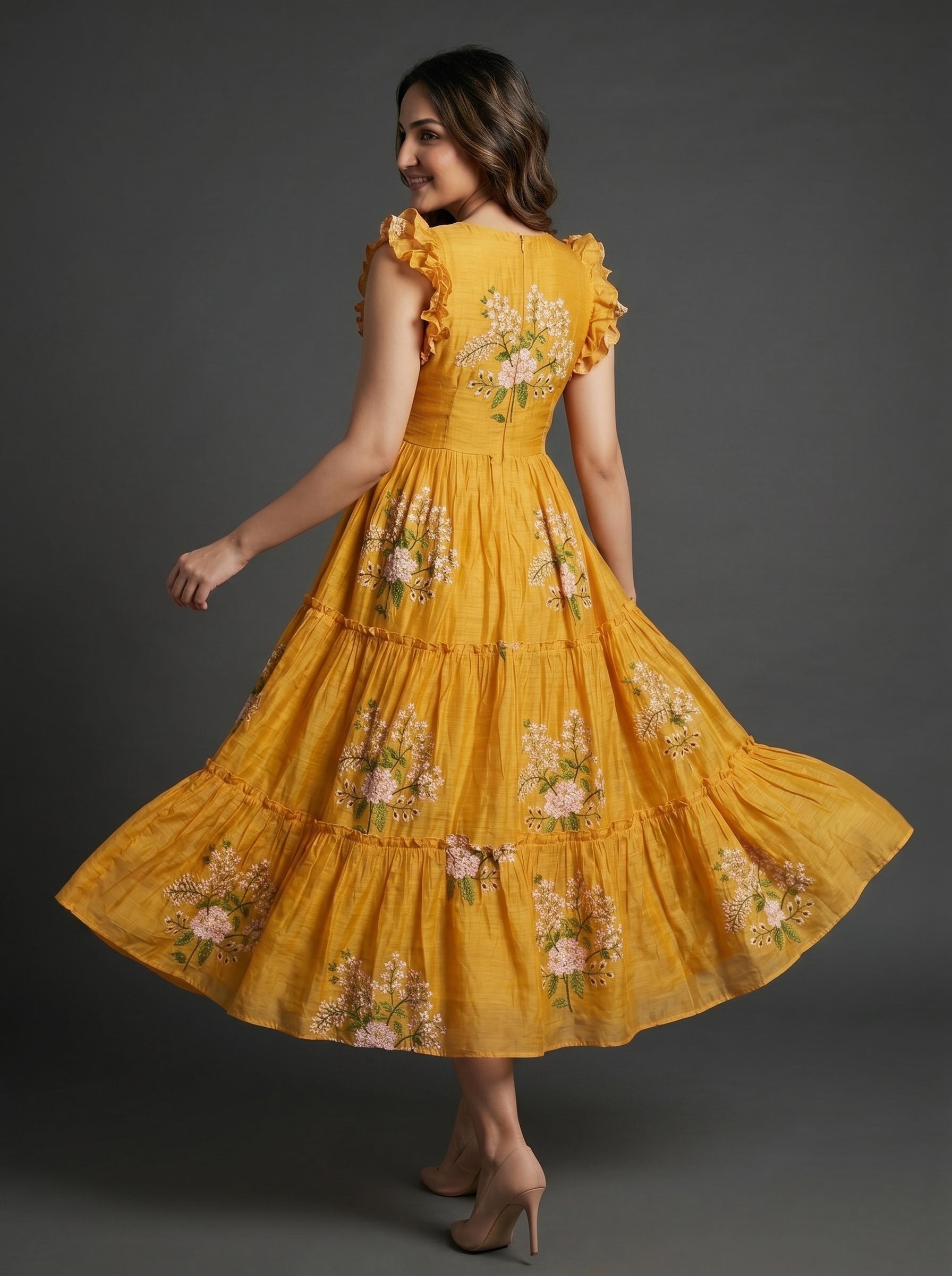 TIERED MIDI DRESS KAMALA - GOLD YELLOW