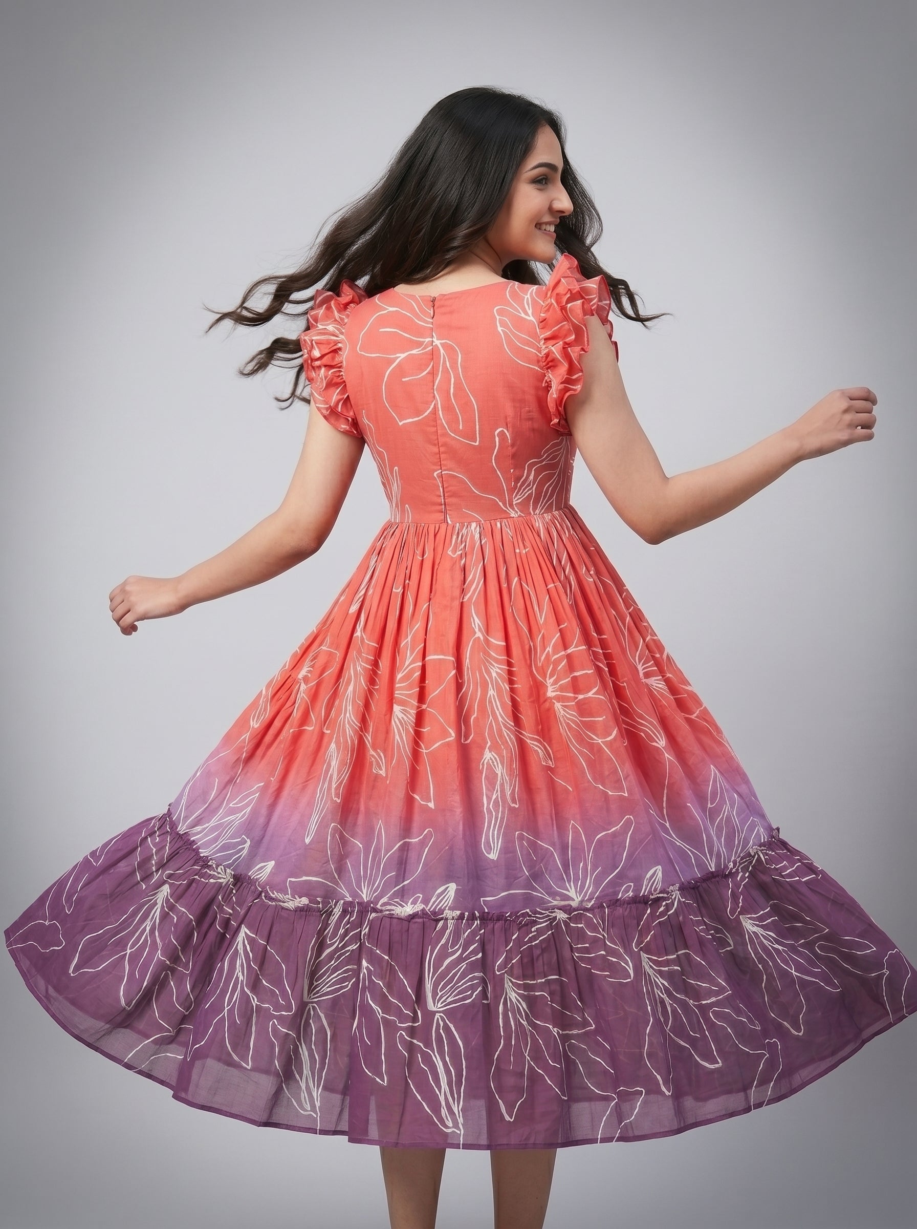 Tiered Midi Dress Rangini -  Ombré Orange and Purple