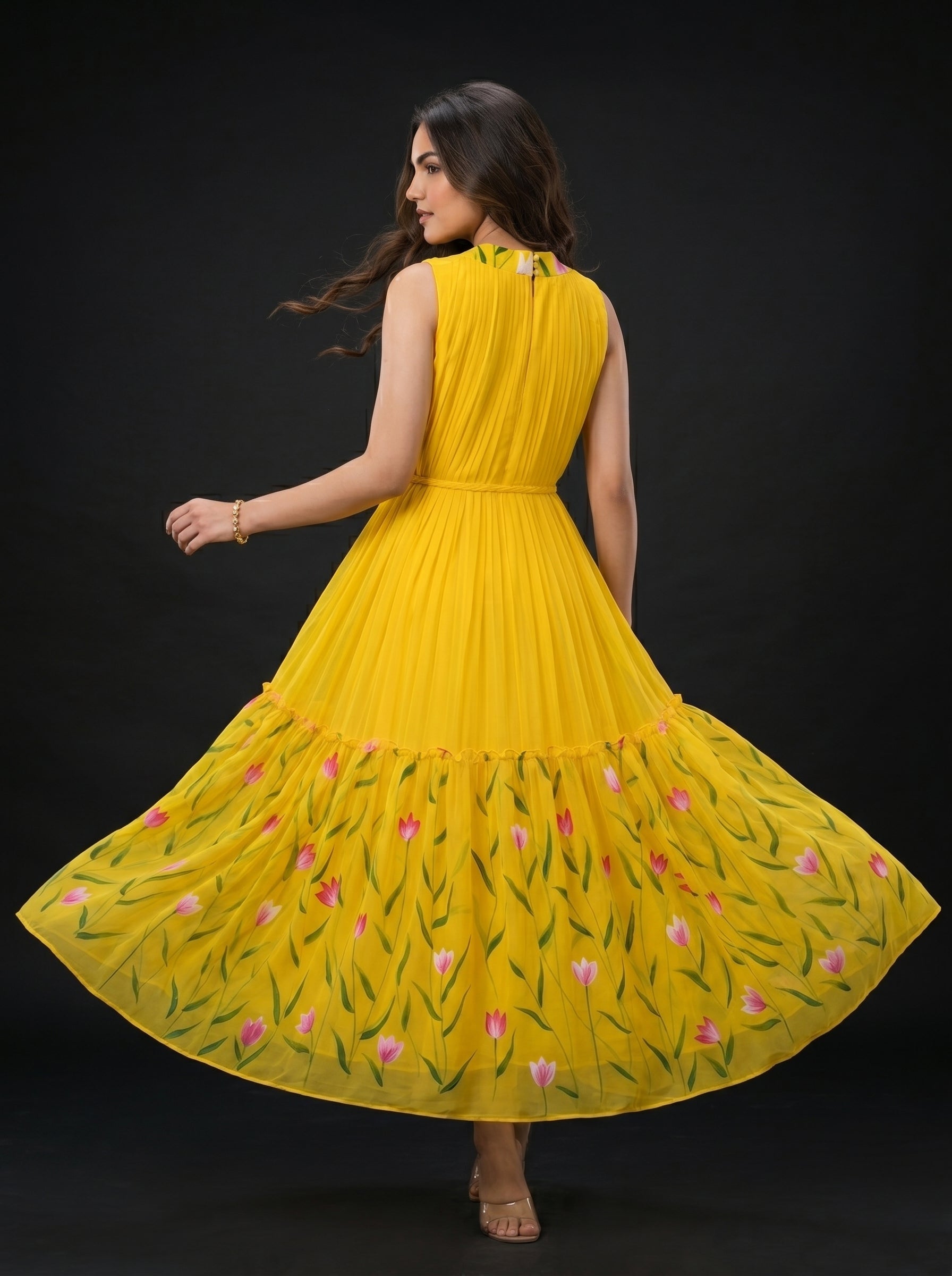 Pleat Floral Midi Dress Vasanta - Yellow