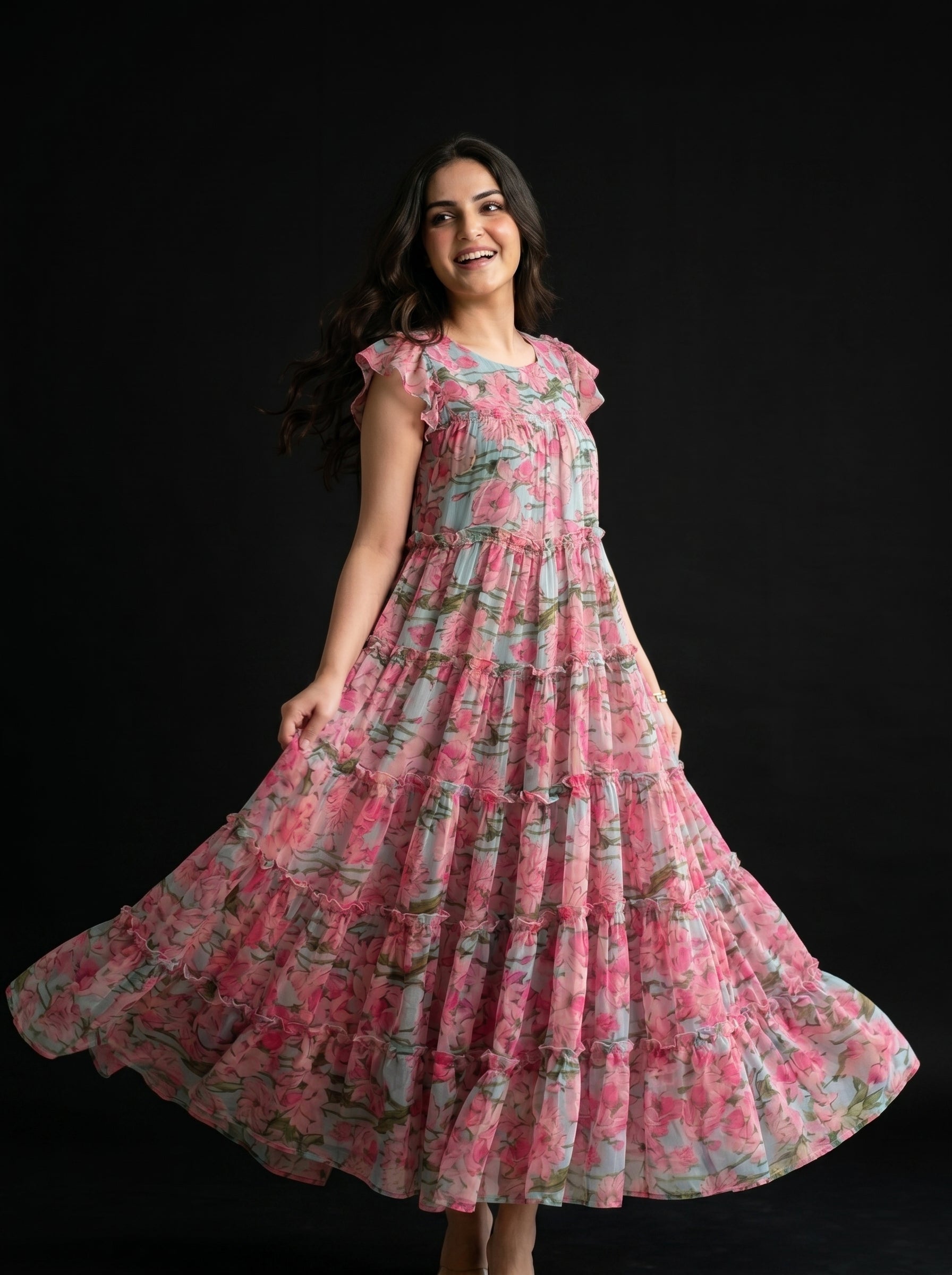 Pastel Blue & Pink Petal Flared Tiered Dress