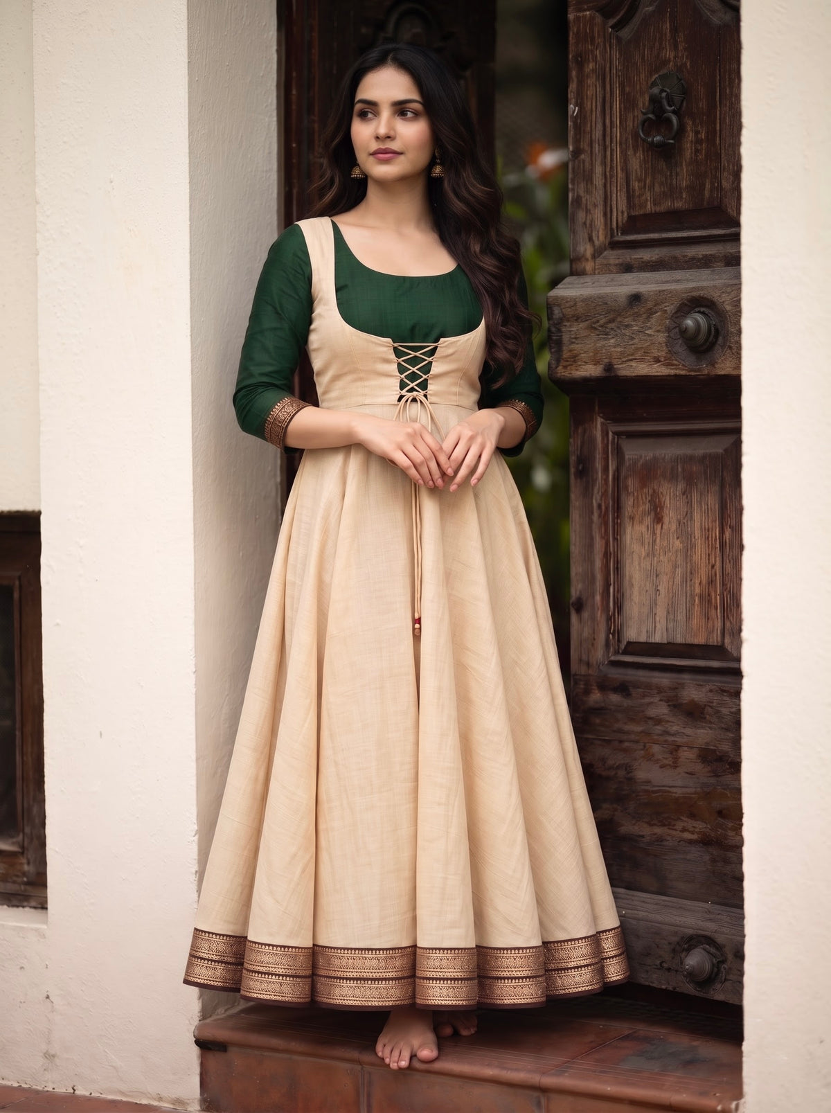 Lace-Up Handloom Maxi Dharani - Ivory Green