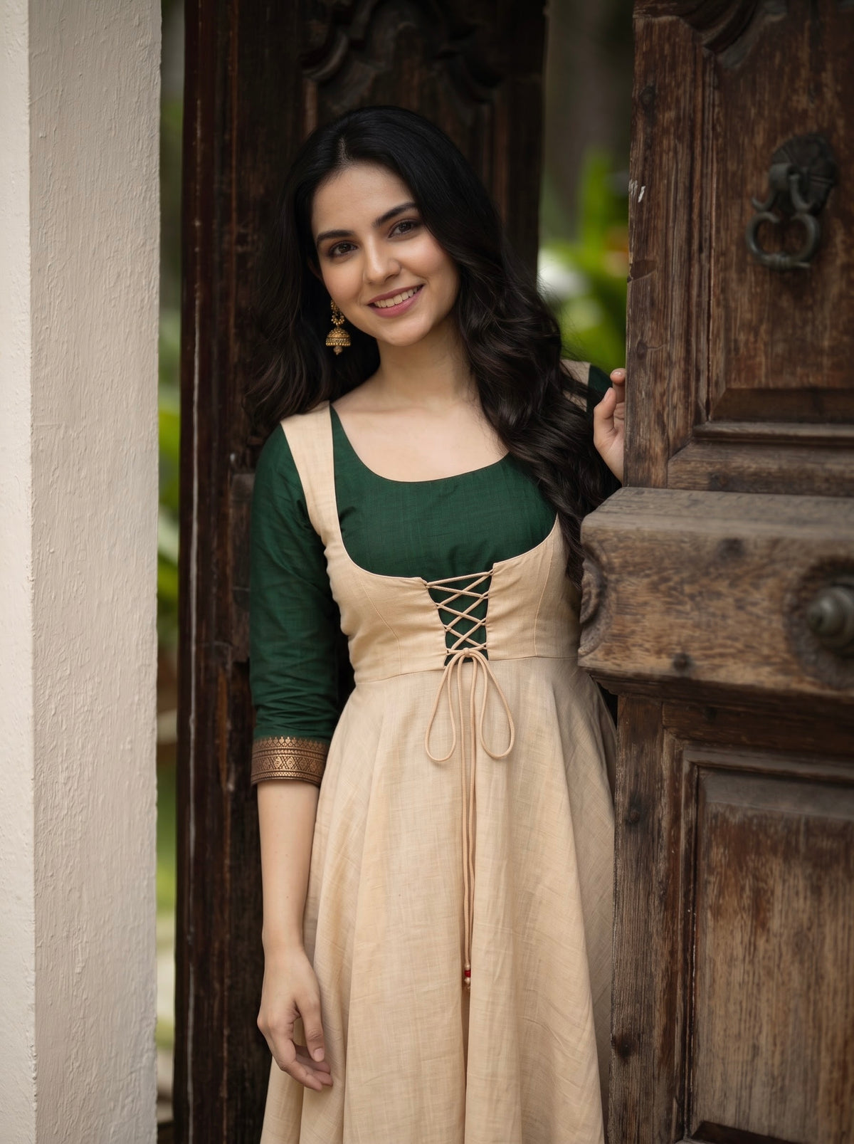 Lace-Up Handloom Maxi Dharani - Ivory Green