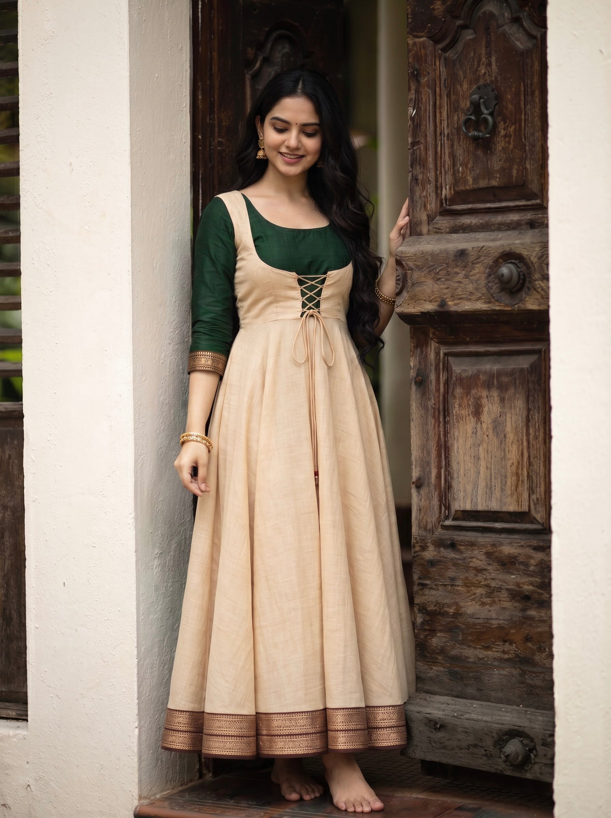 Lace-Up Handloom Maxi Dharani - Ivory Green