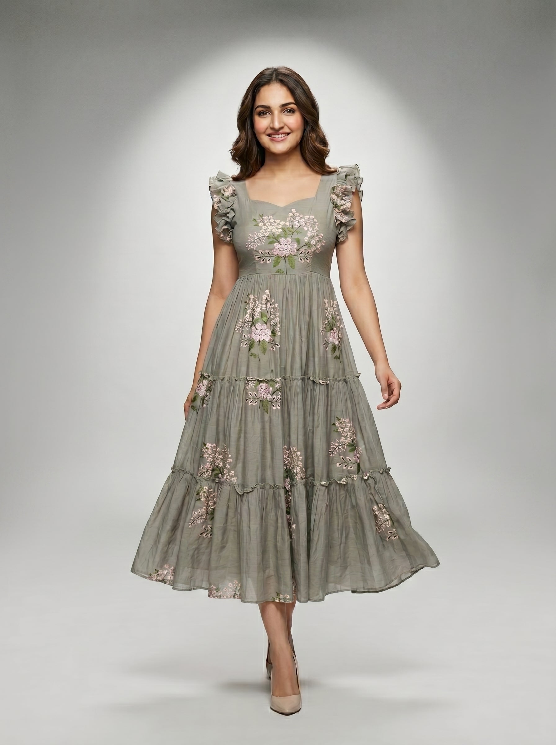 TIERED MIDI DRESS KAMALA - SAGE GREY