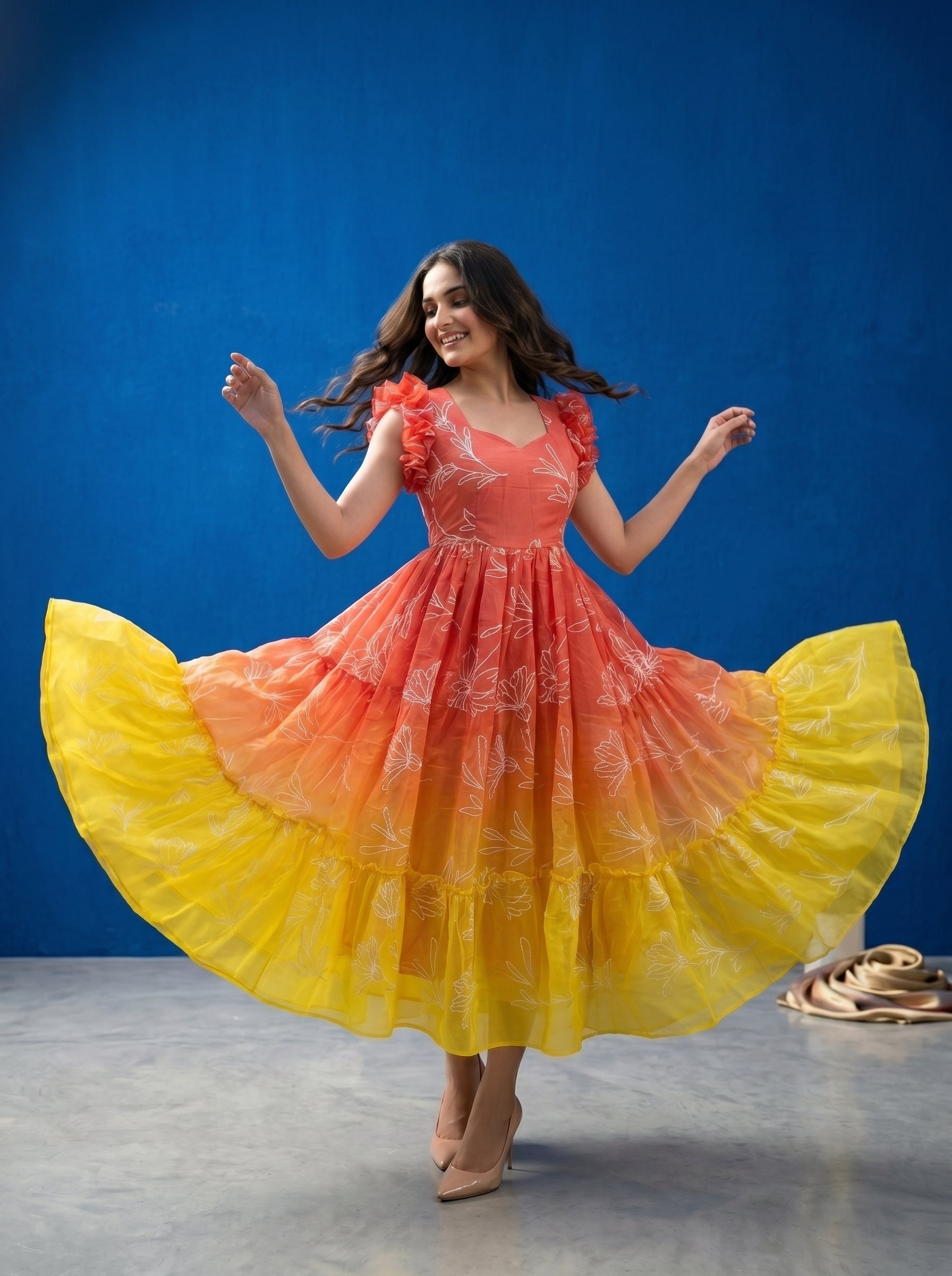 Tiered Midi Dress Rangini -  Ombré Yellow and Red