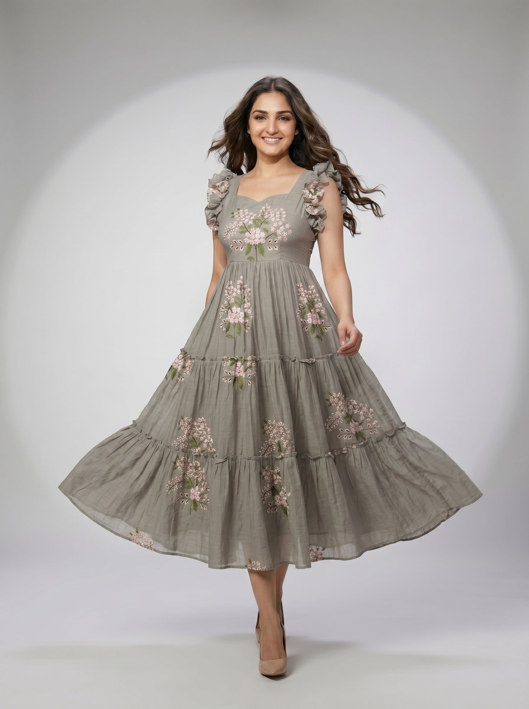 TIERED MIDI DRESS KAMALA - SAGE GREY