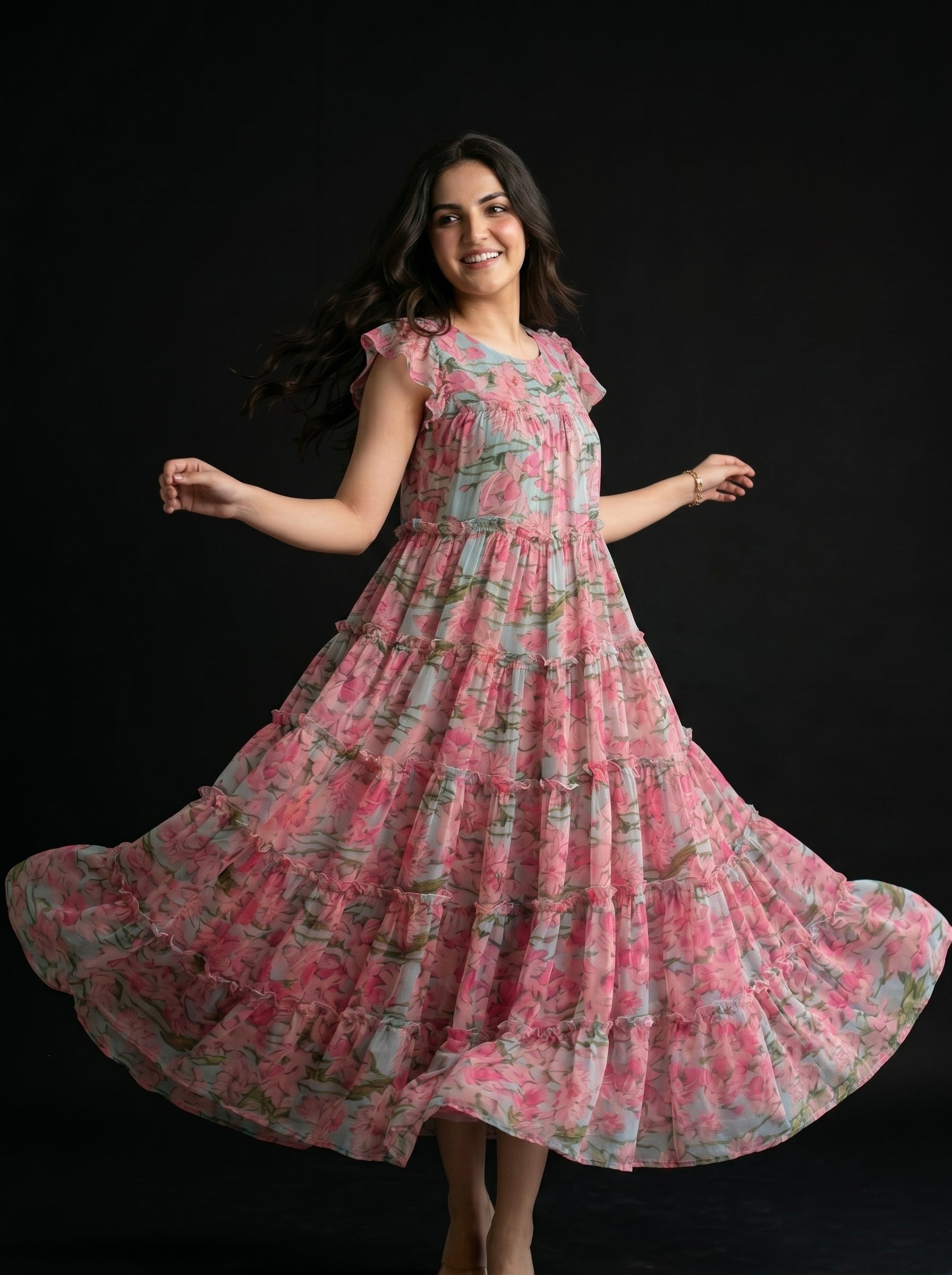 Pastel Blue & Pink Petal Flared Tiered Dress