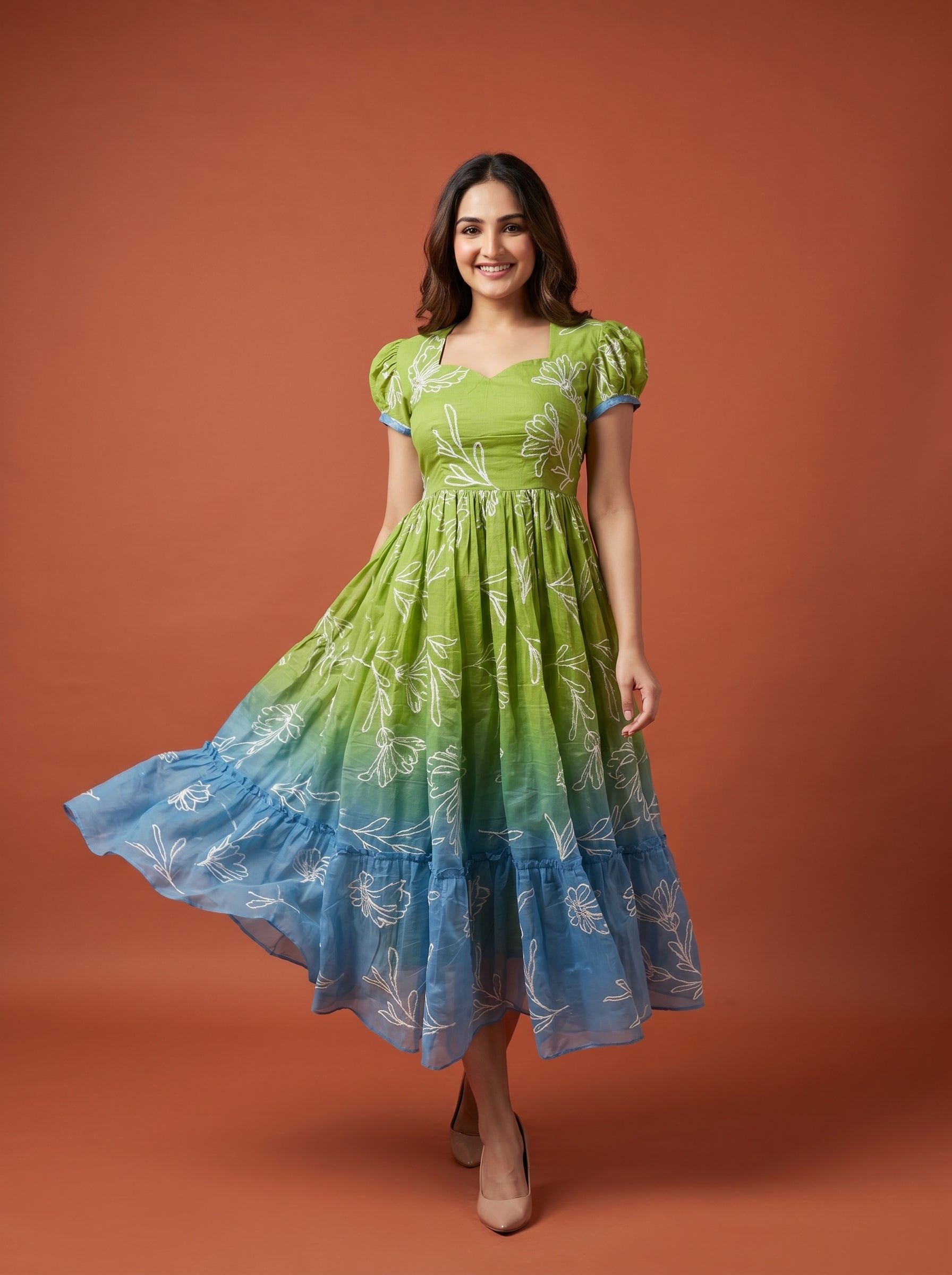 Tiered Midi Dress Rangini -  Ombré Green and Blue