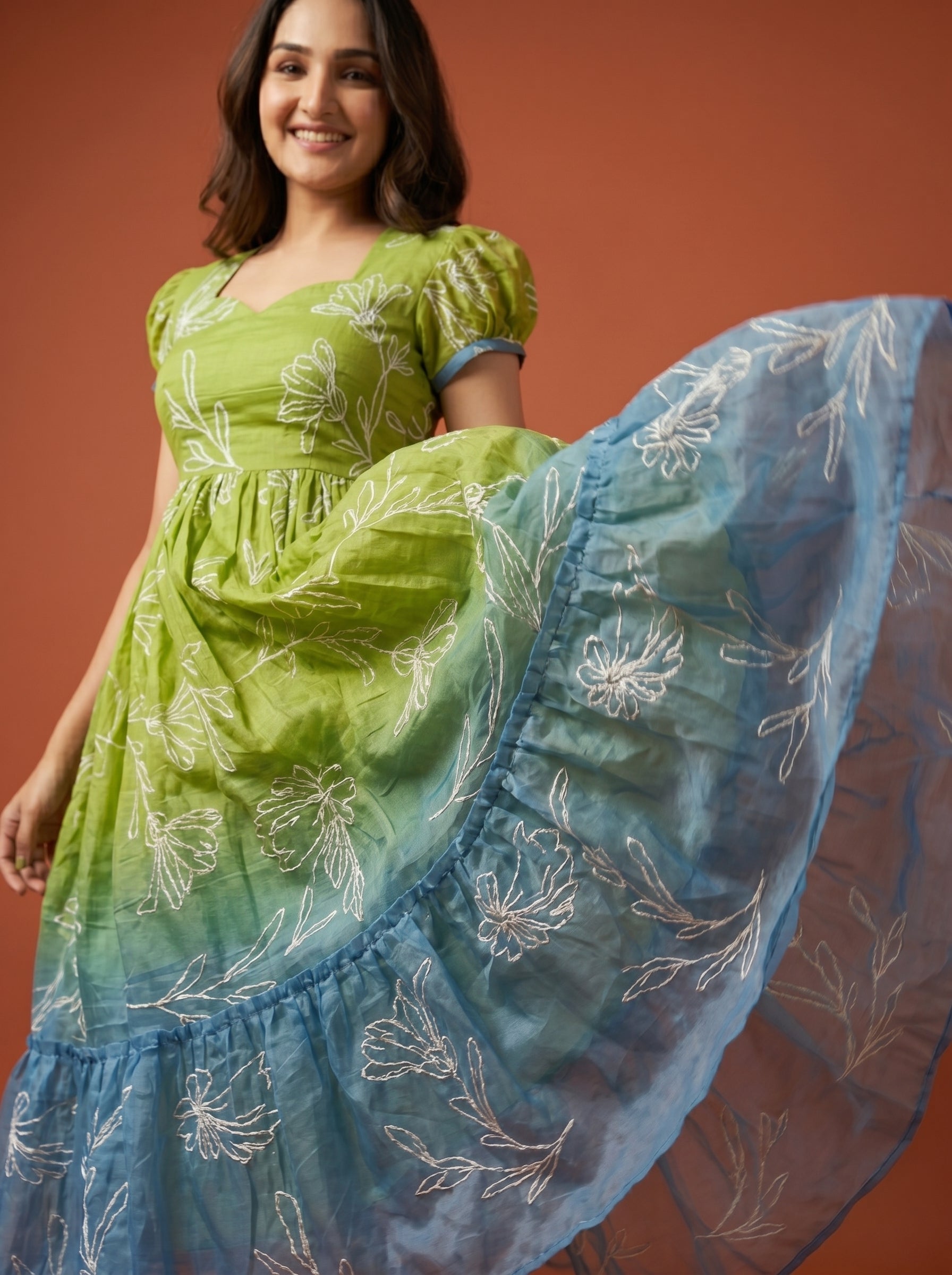 Tiered Midi Dress Rangini -  Ombré Green and Blue