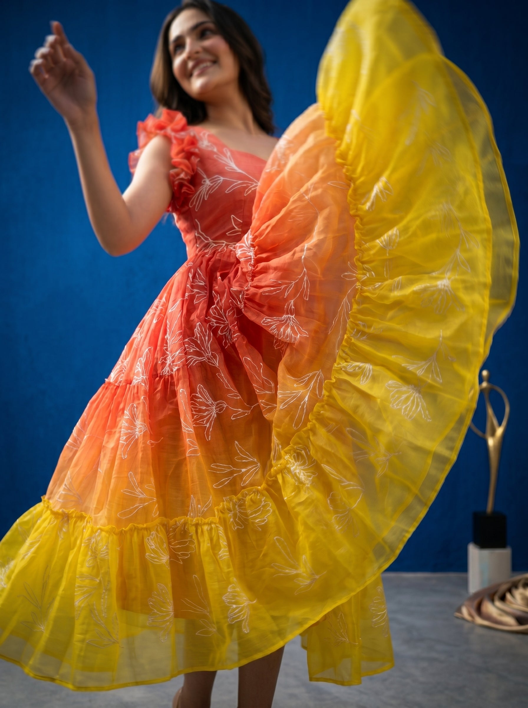 Tiered Midi Dress Rangini -  Ombré Yellow and Red