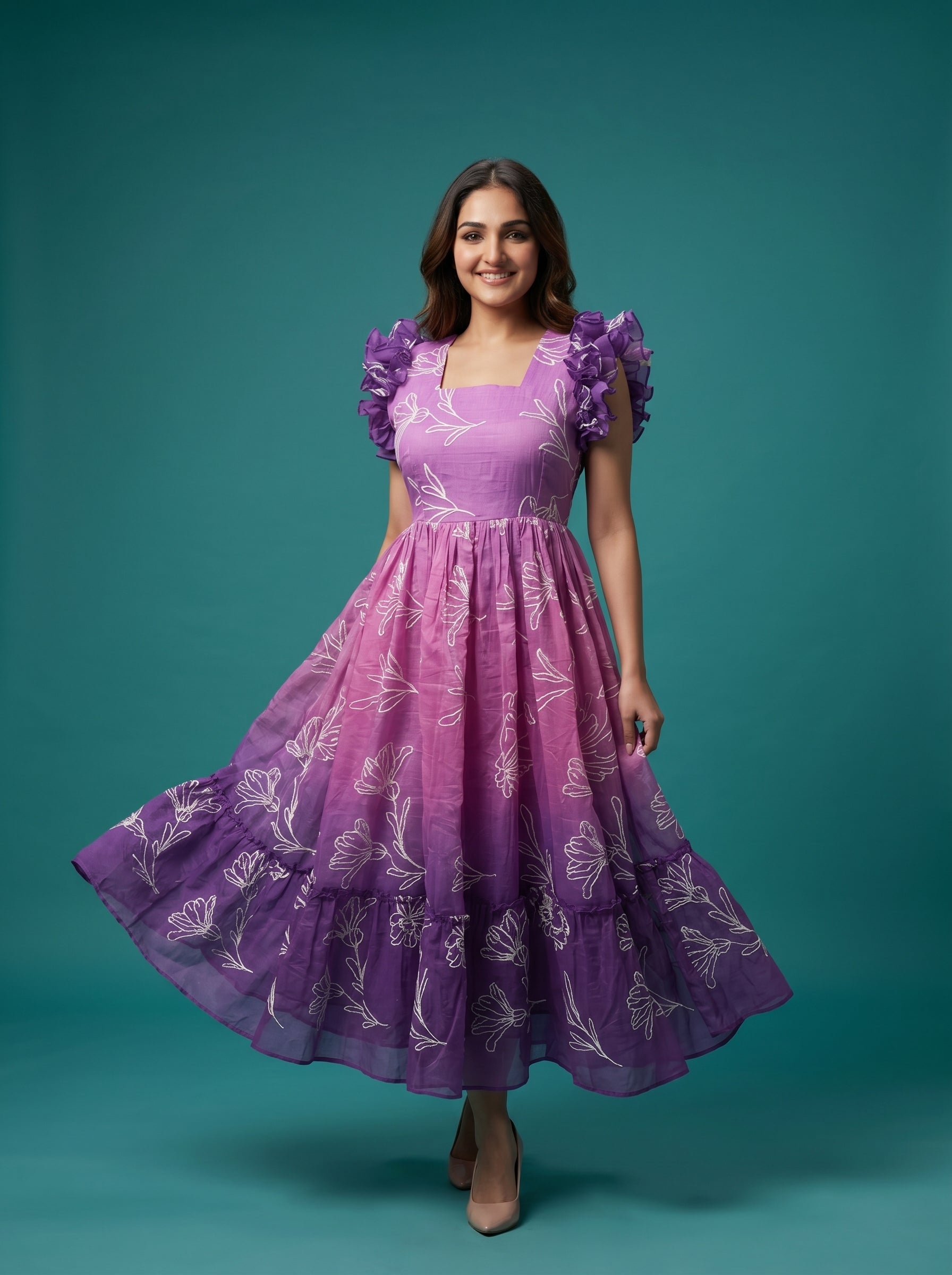 Tiered Midi Dress Rangini -  Ombré light purple , dark purple