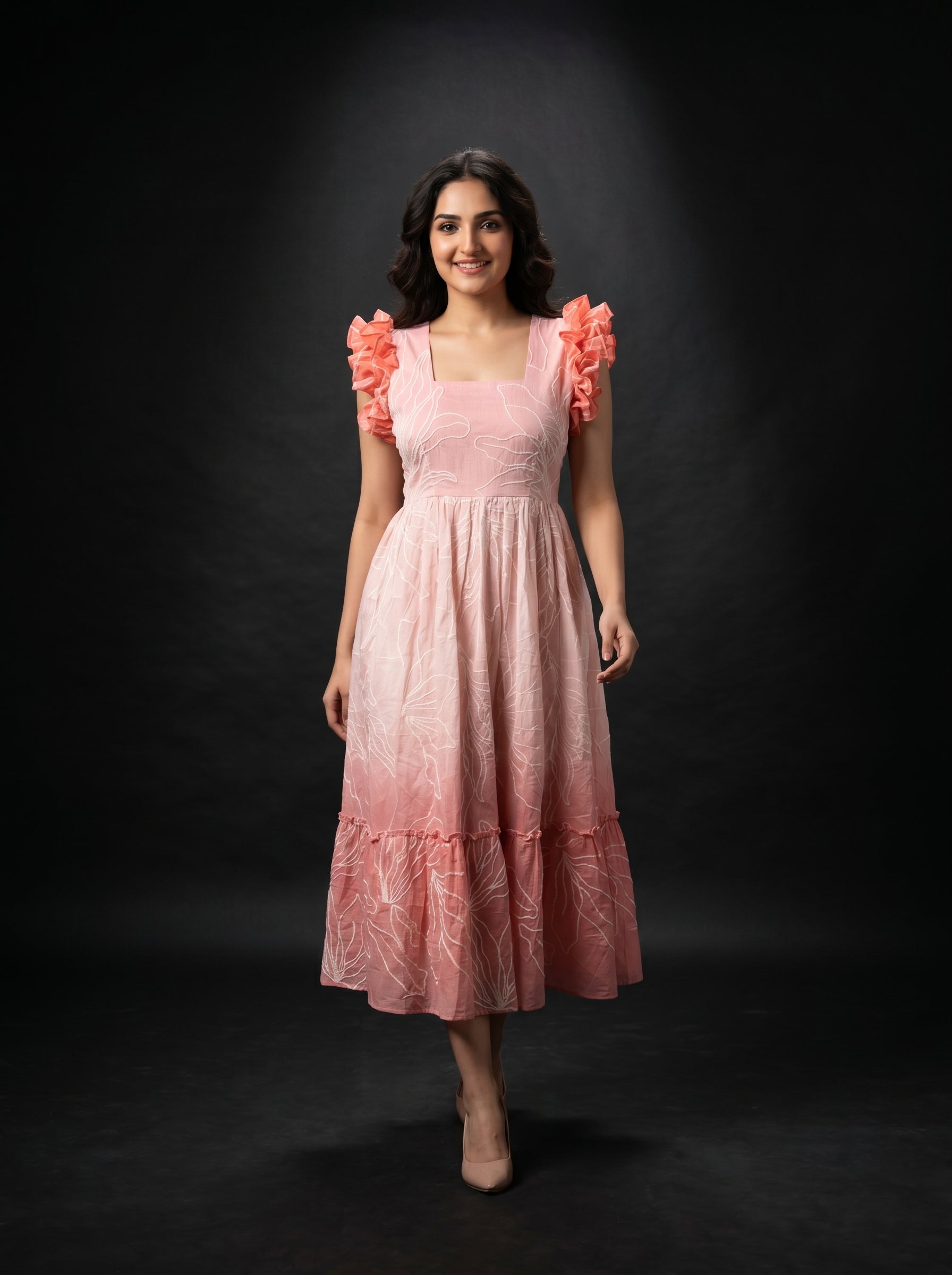 Tiered Midi Dress Rangini -  Ombré light pink, peach pink