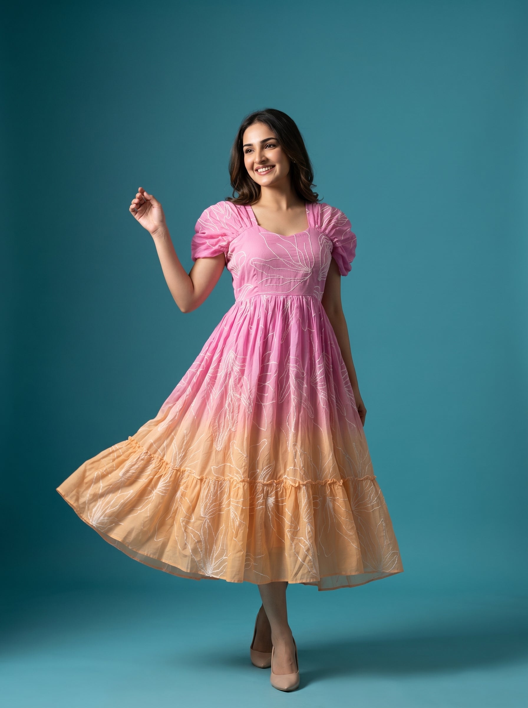 Tiered Midi Dress Rangini -  Ombré Pink and Orange