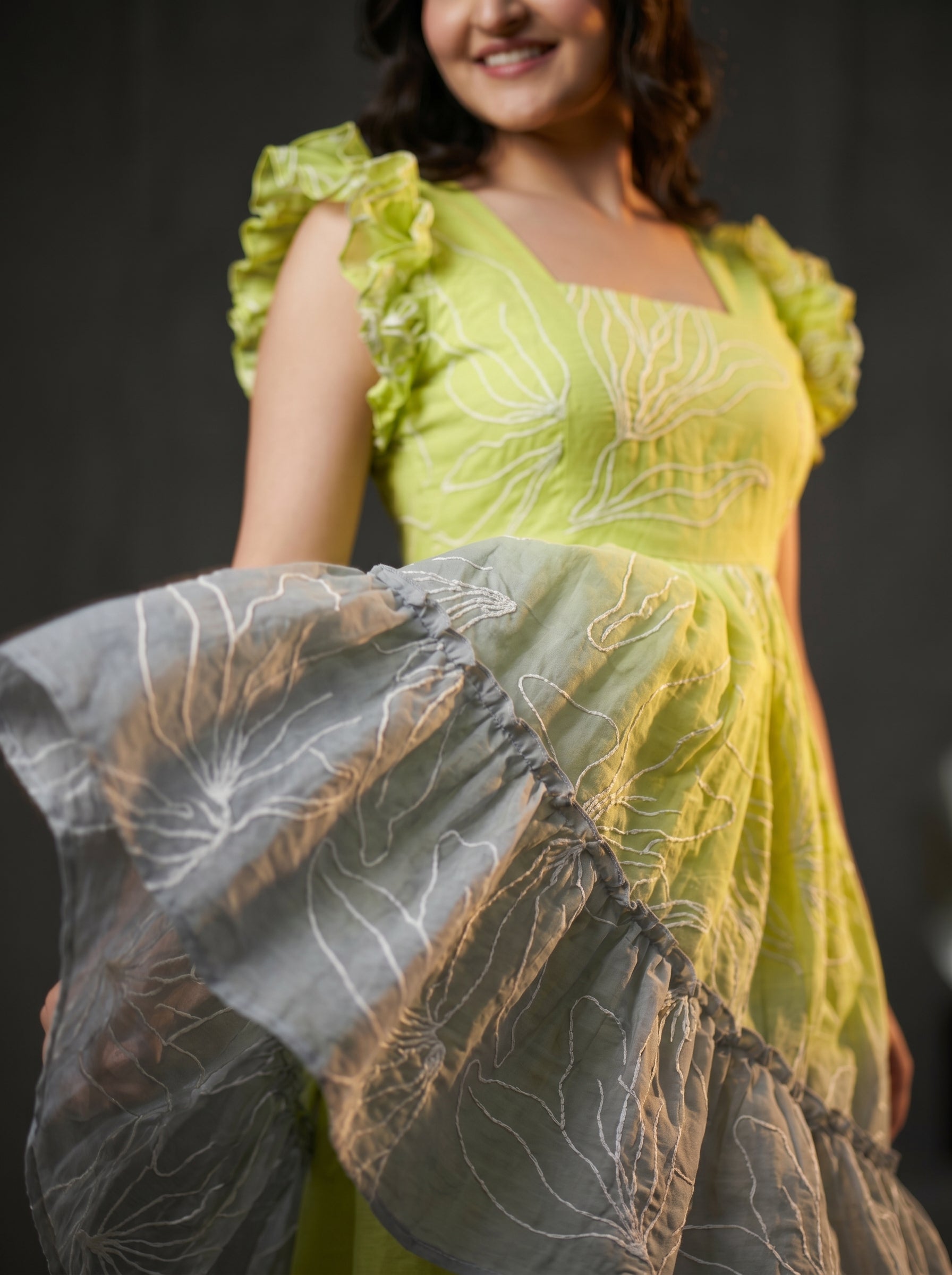 Tiered Midi Dress Rangini -  Ombré green and ash