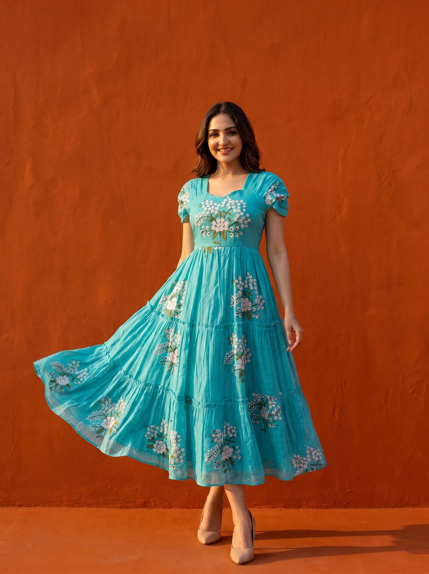 TIERED MIDI DRESS KAMALA - SEA BLUE