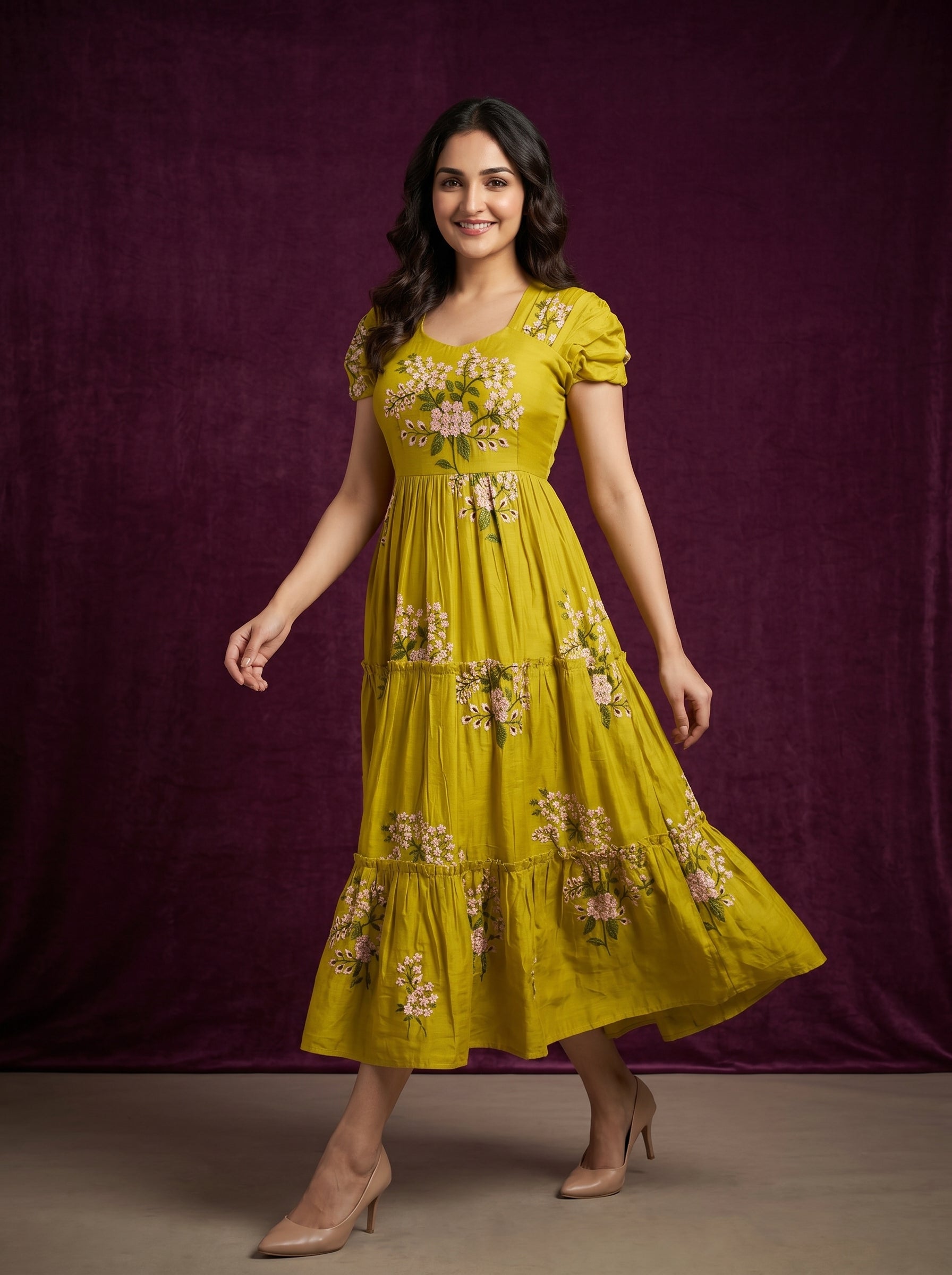 TIERED MIDI DRESS KAMALA - MUSTARD YELLOW