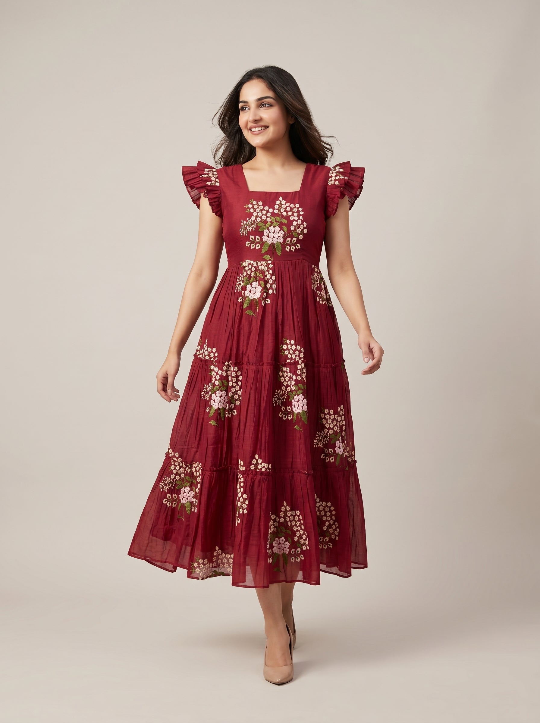 TIERED MIDI DRESS KAMALA - MAROON