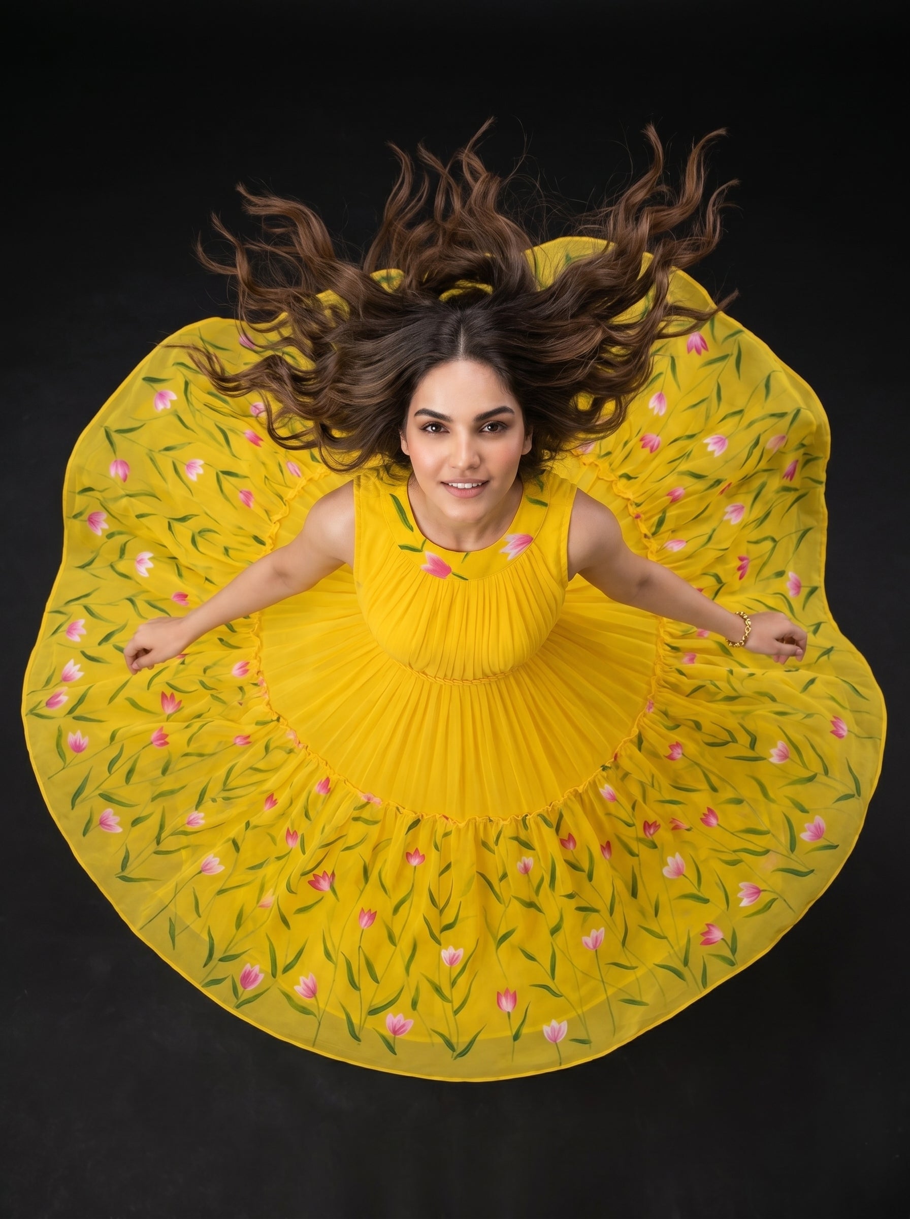 Pleat Floral Midi Dress Vasanta - Yellow