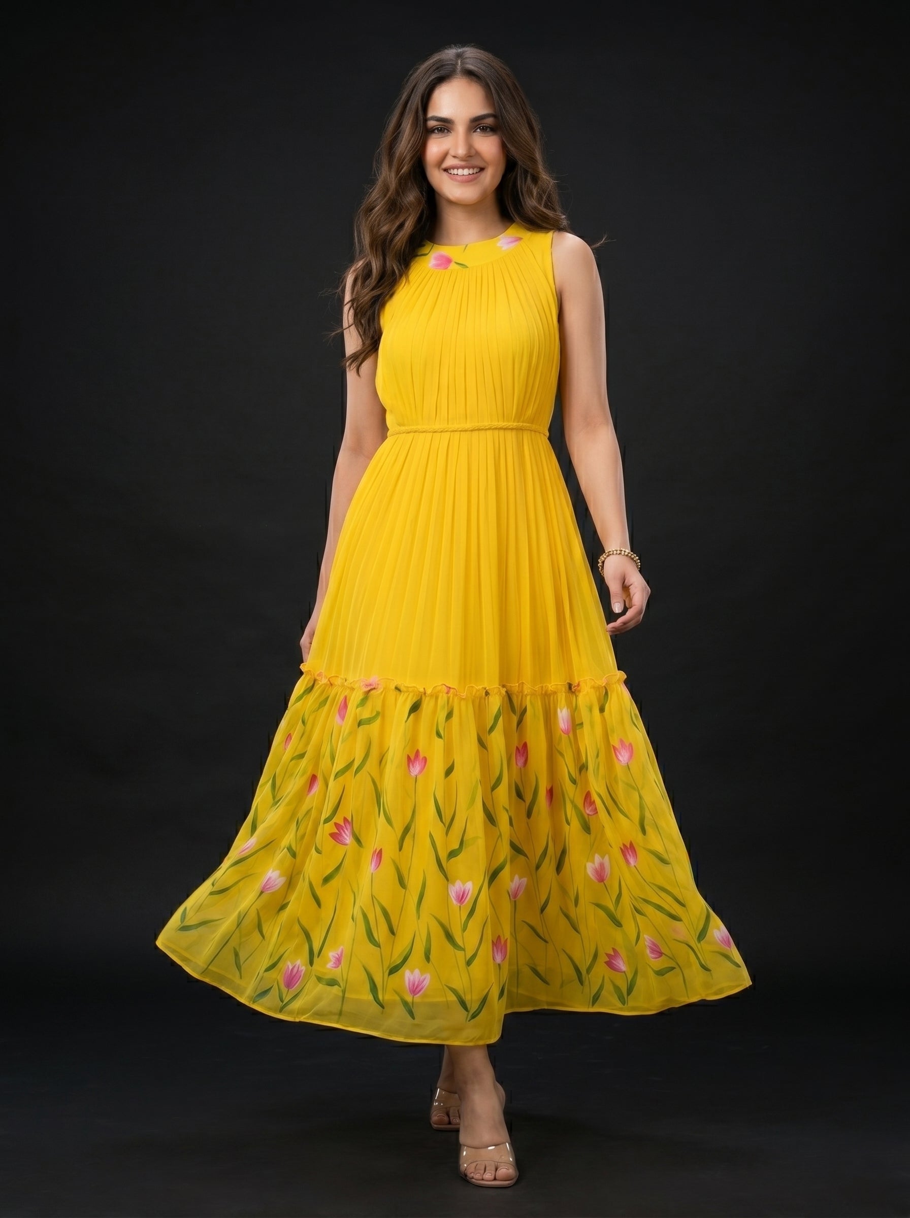 Pleat Floral Midi Dress Vasanta - Yellow
