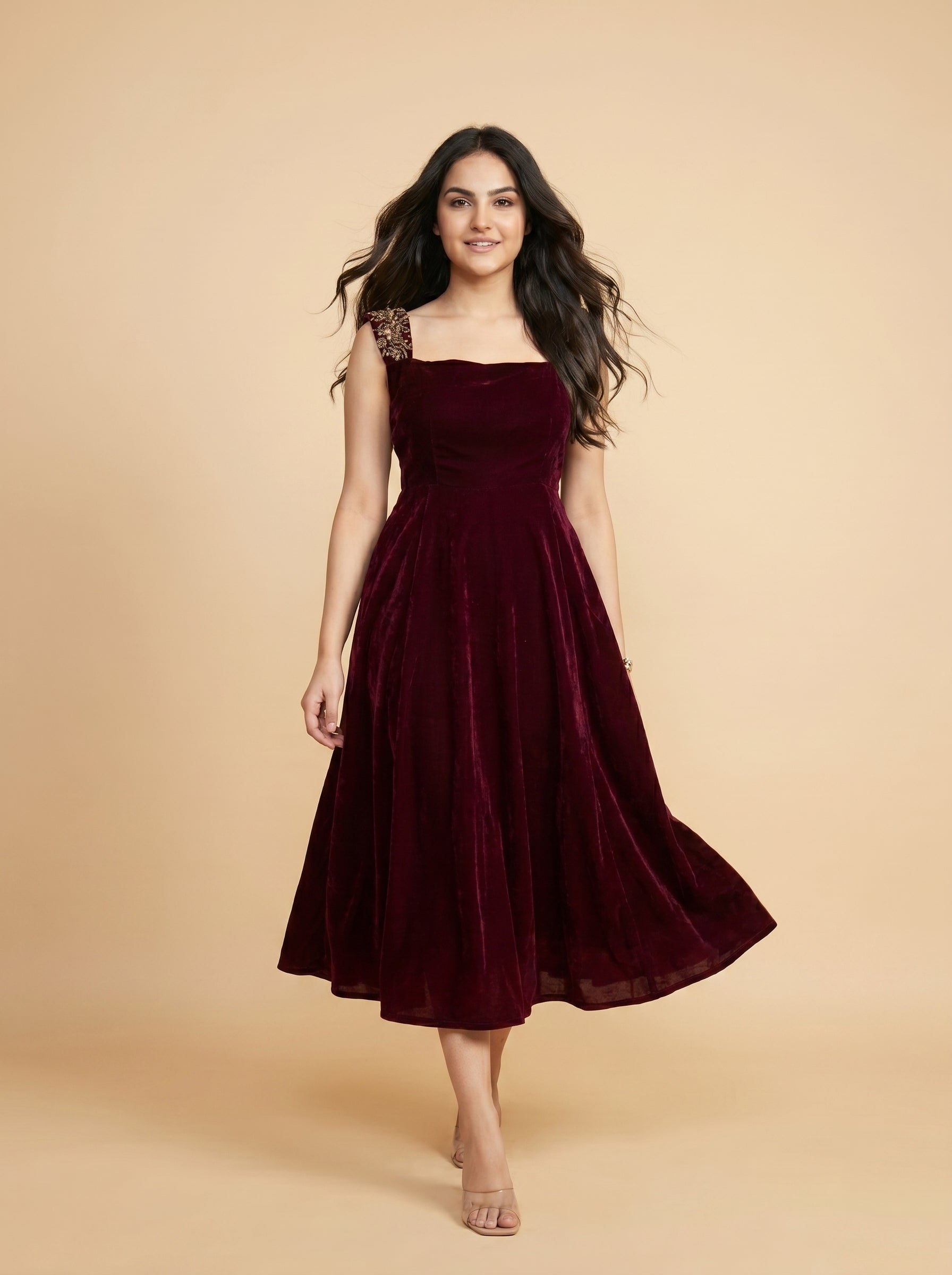Velvet Midi Dress Rani - Maroon