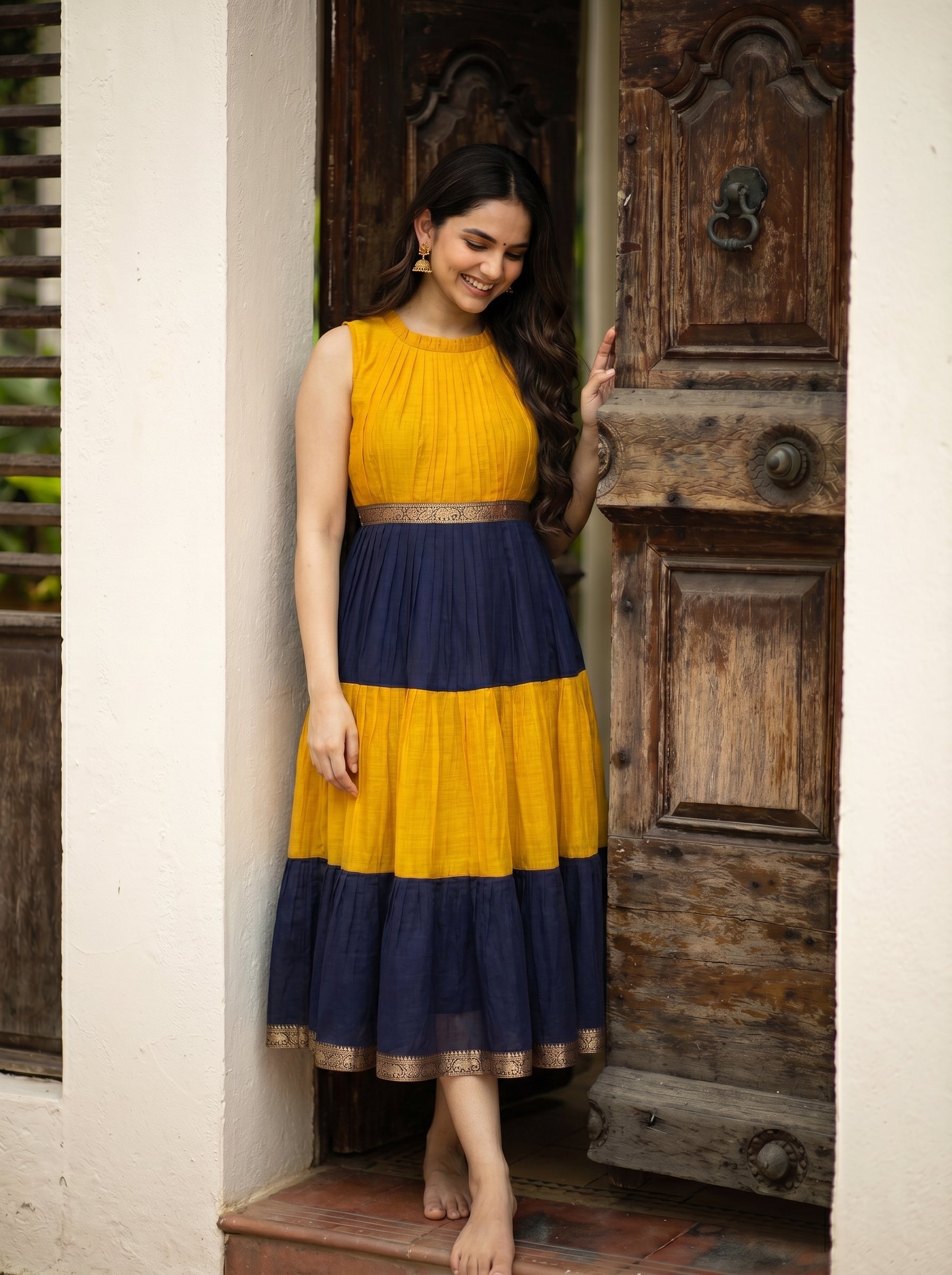 Pleated Zari Tier Dress Gauri - Saffron Navy
