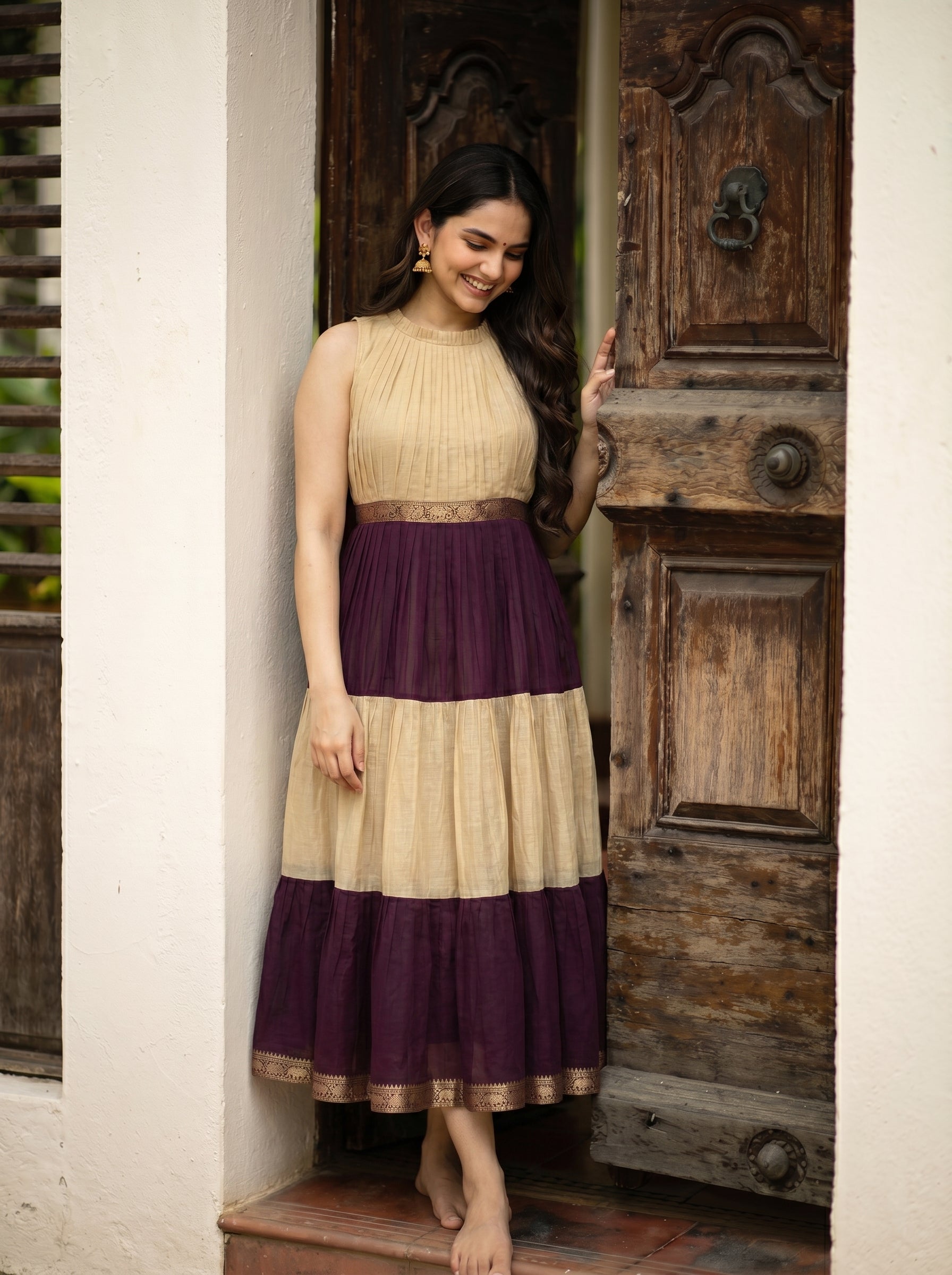 Pleated Zari Tier Dress Gauri - Champagne Plum