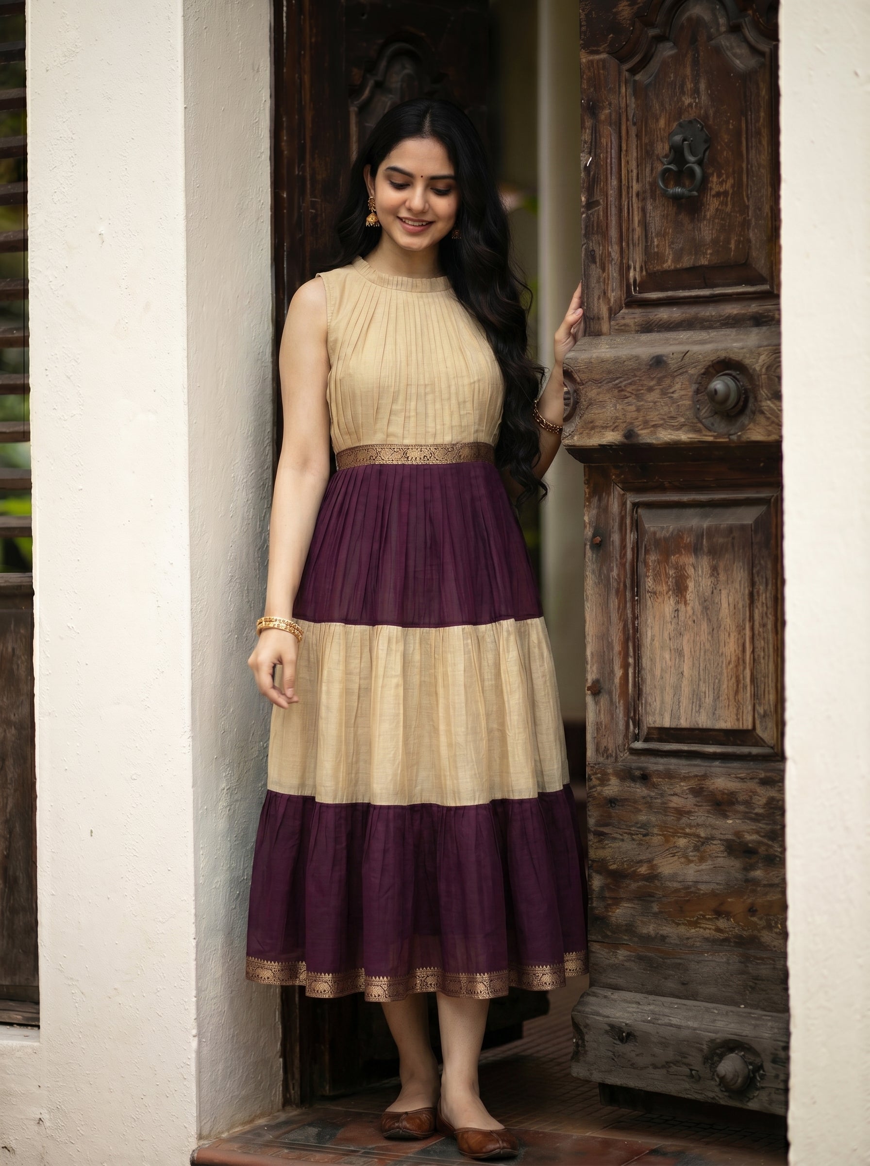 Pleated Zari Tier Dress Gauri - Champagne Plum