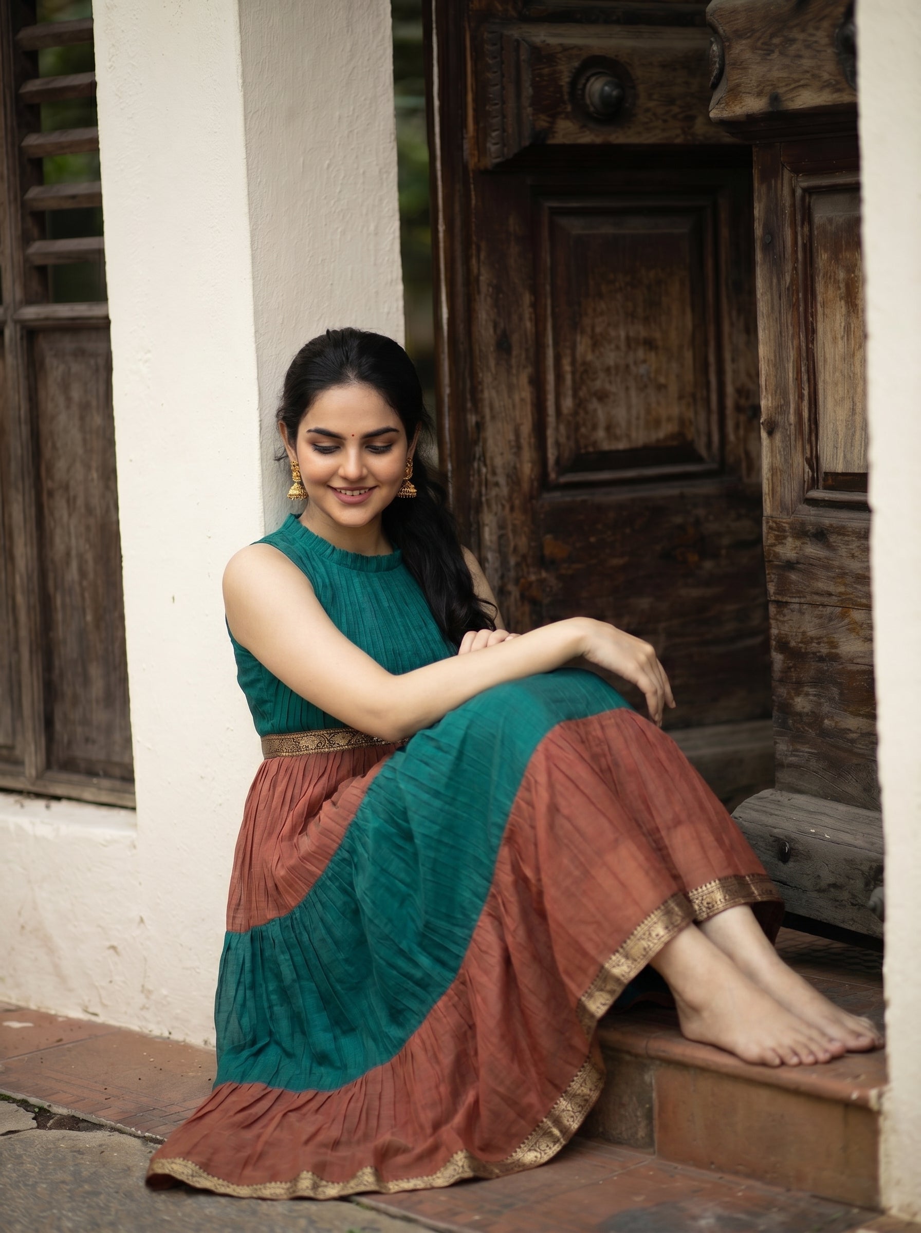 Pleated Zari Tier Dress Gauri - Teal Rose