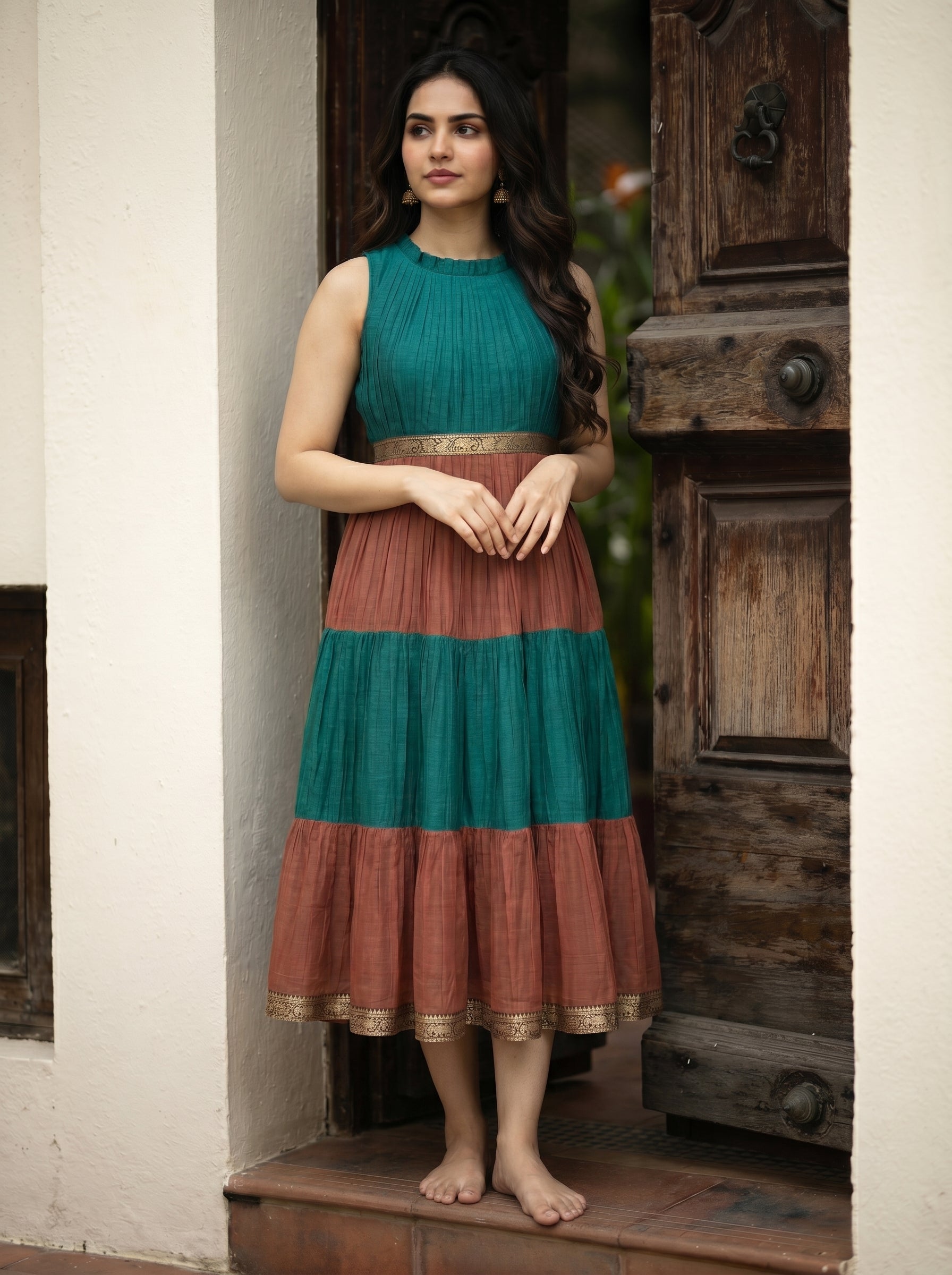 Pleated Zari Tier Dress Gauri - Teal Rose