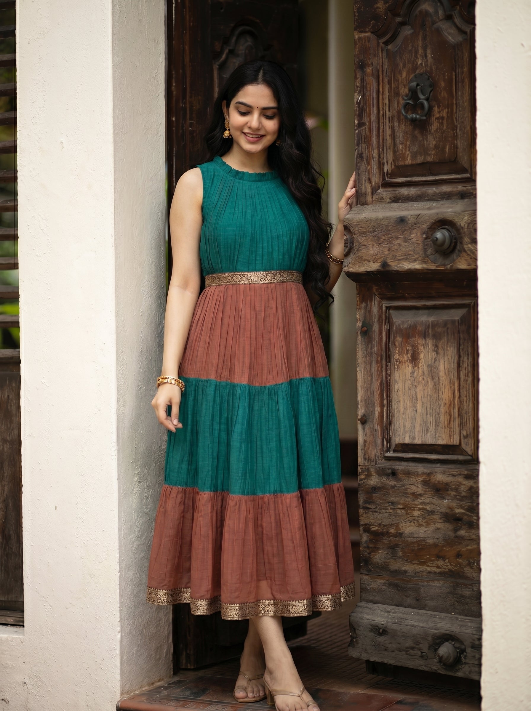 Pleated Zari Tier Dress Gauri - Teal Rose