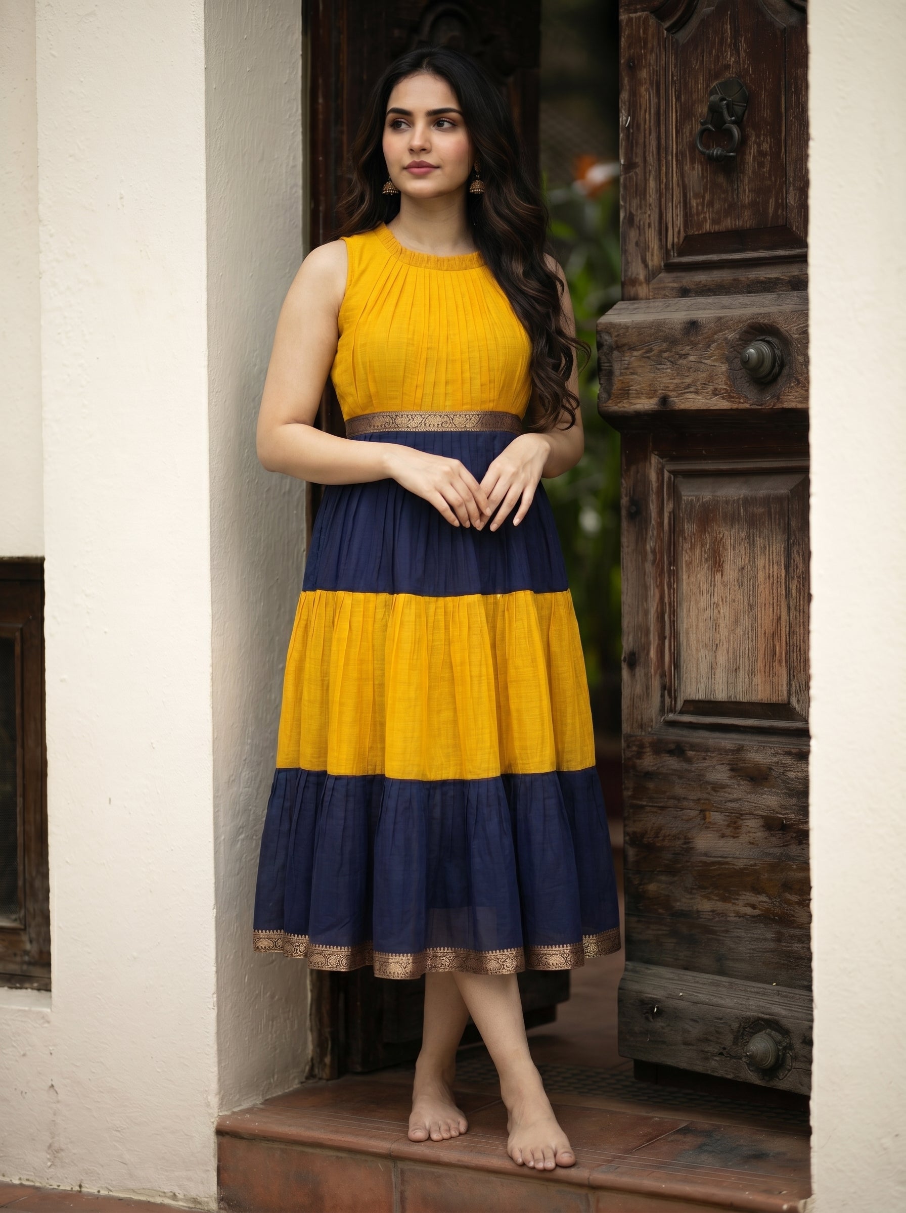 Pleated Zari Tier Dress Gauri - Saffron Navy