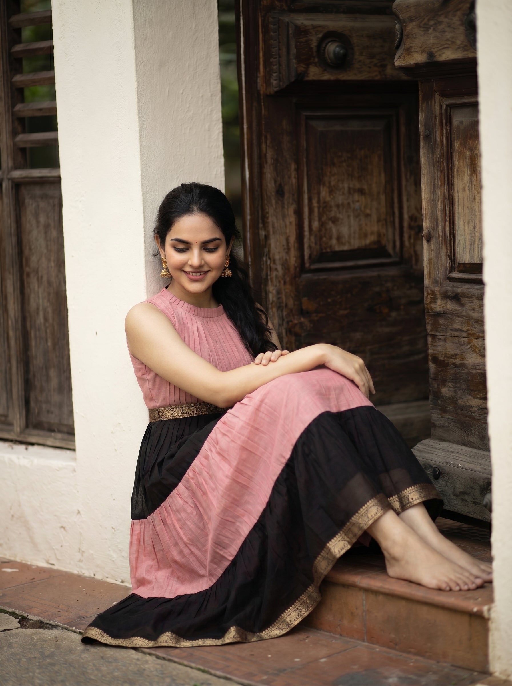 Pleated Zari Tier Dress Gauri - Blush Noir
