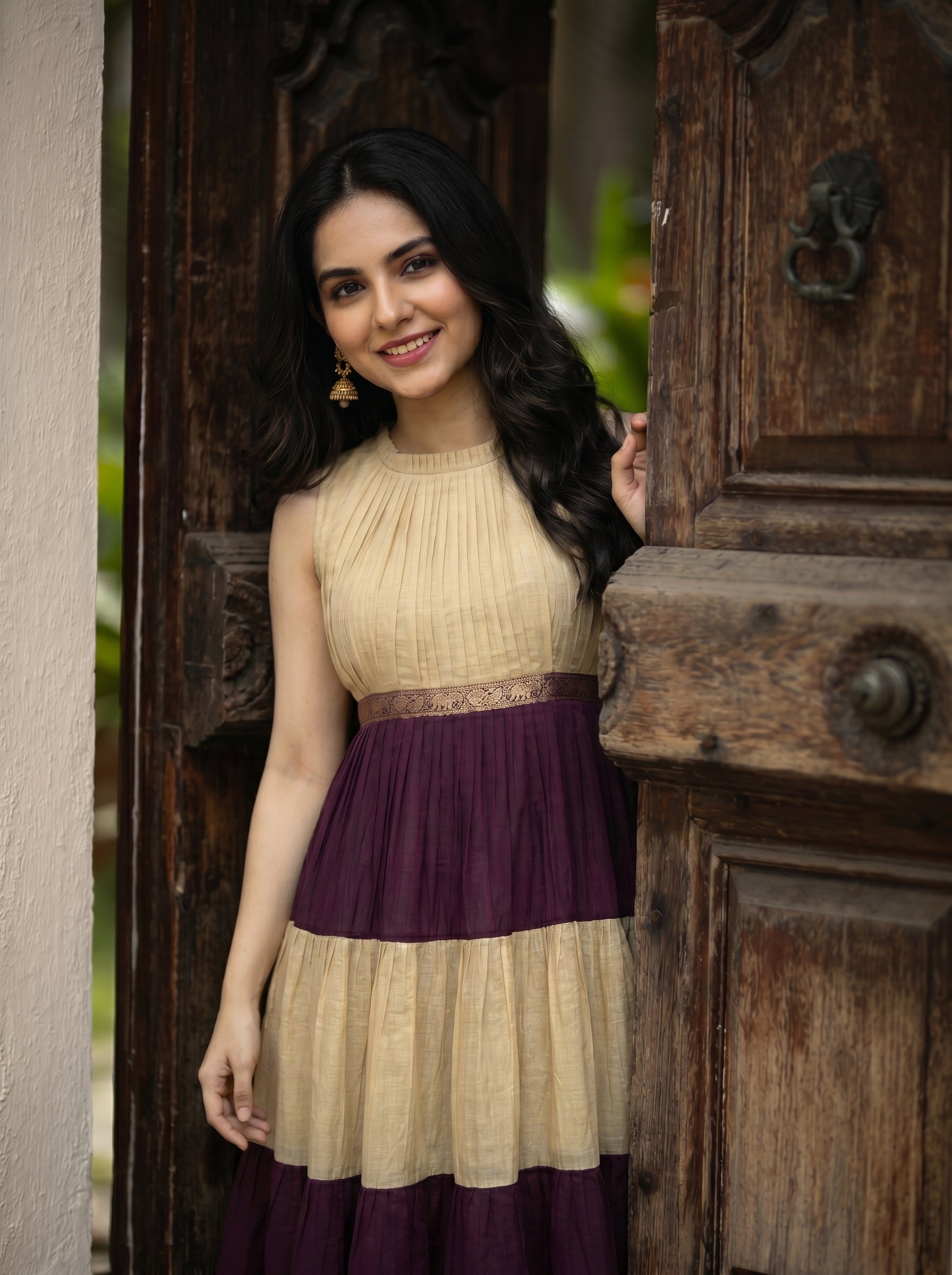 Pleated Zari Tier Dress Gauri - Champagne Plum