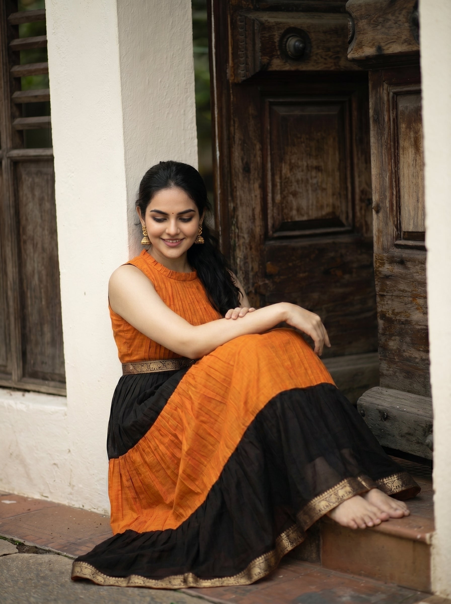 Pleated Zari Tier Dress Gauri - Amber Noir