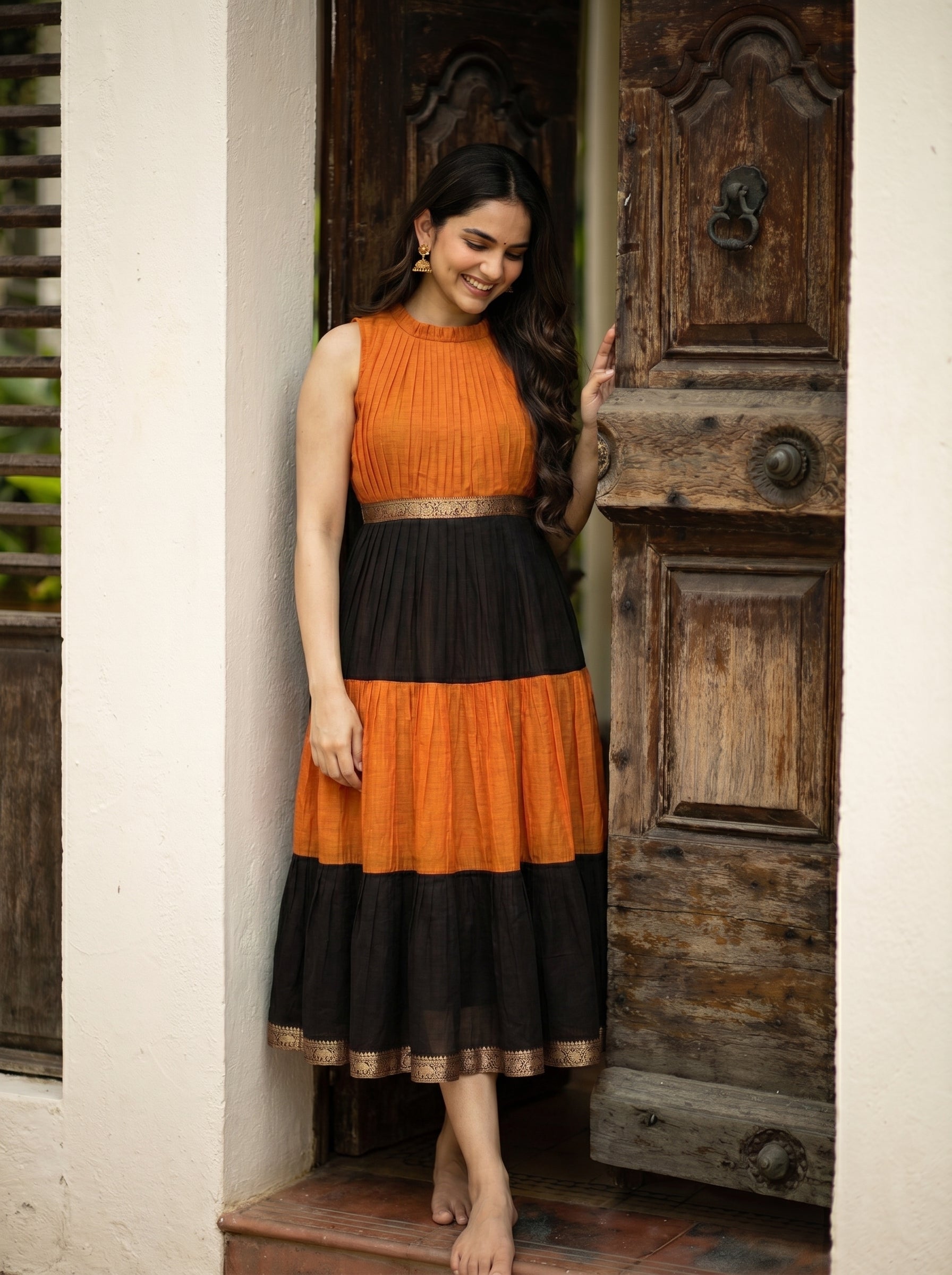 Pleated Zari Tier Dress Gauri - Amber Noir